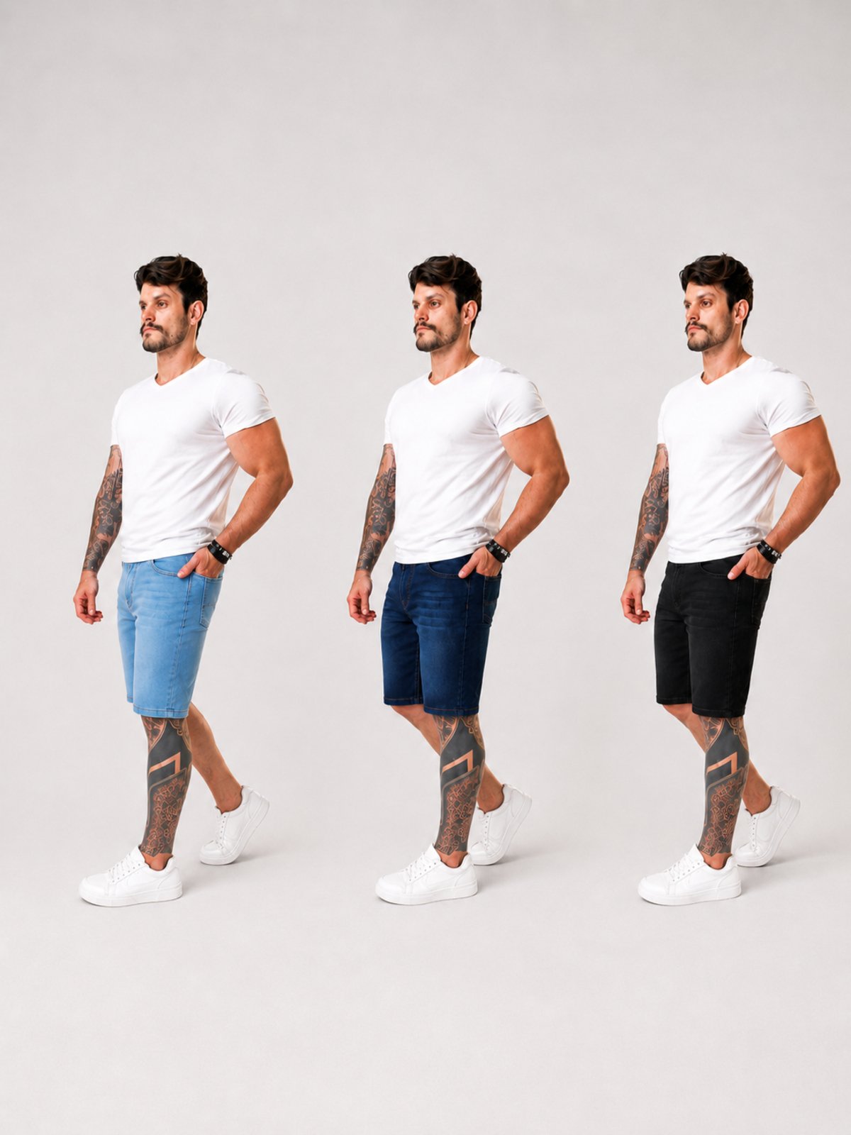 Kit 3 Bermudas Jeans Masculina Yellow Jeans Skinny Com Elastano Moderna Conforto E Estilo Delave Azul Escuro Preto