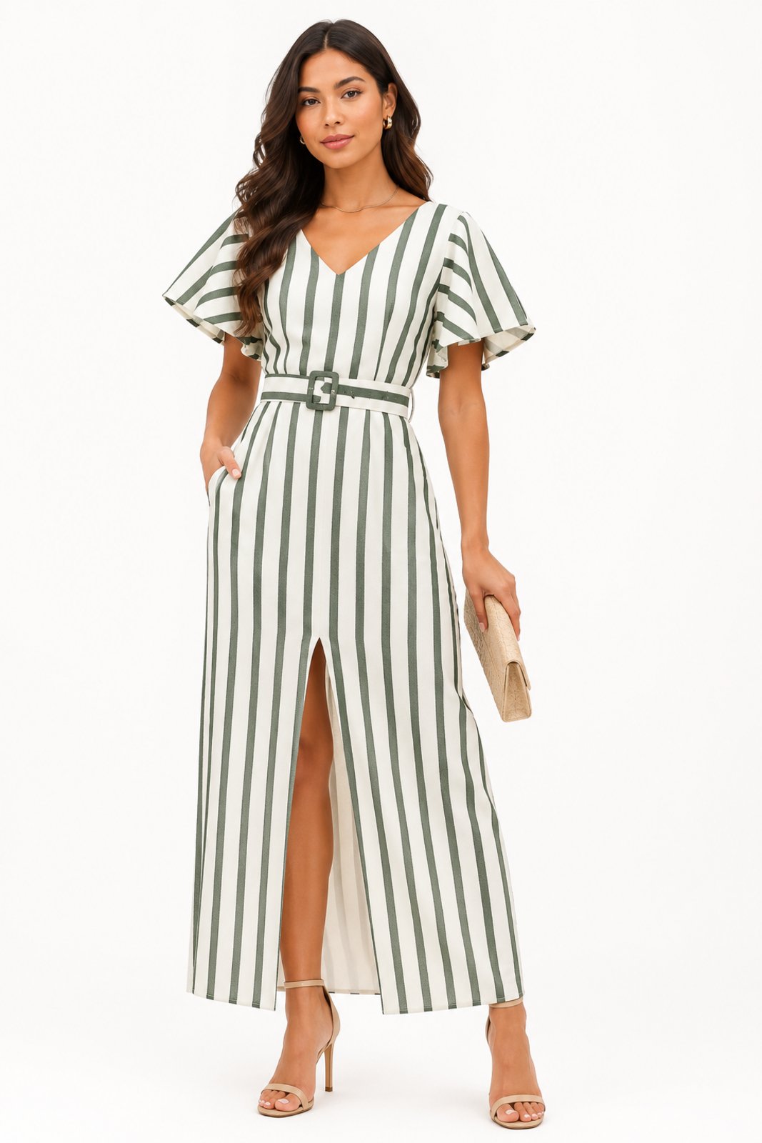 Vestido Midi D Bell Outlet Fashion Listras Verde