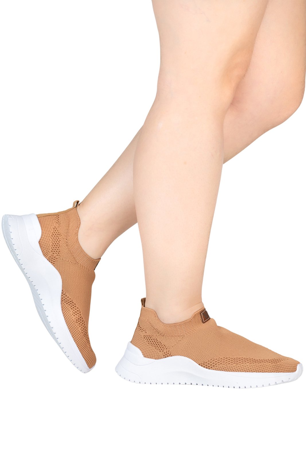 Vista 3 Tênis Meia Feminino Knit Jogger Casual Calce Fácil Leve Macio Confortável Via Angel 8101 caramelo VIA ANGEL caramelo
