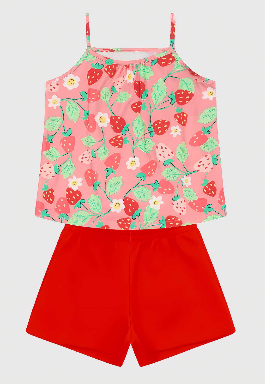 Infantil - Conjunto Brandili Blusa Alças Finas Estampa Morangos e Flores Rosa
