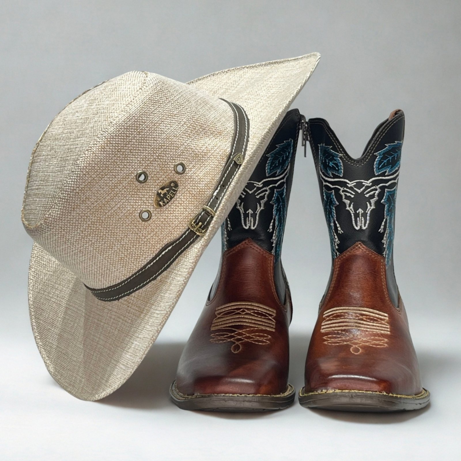 Bota Texana Masculina Cara de Boi Azul + Chapéu Em Tecido