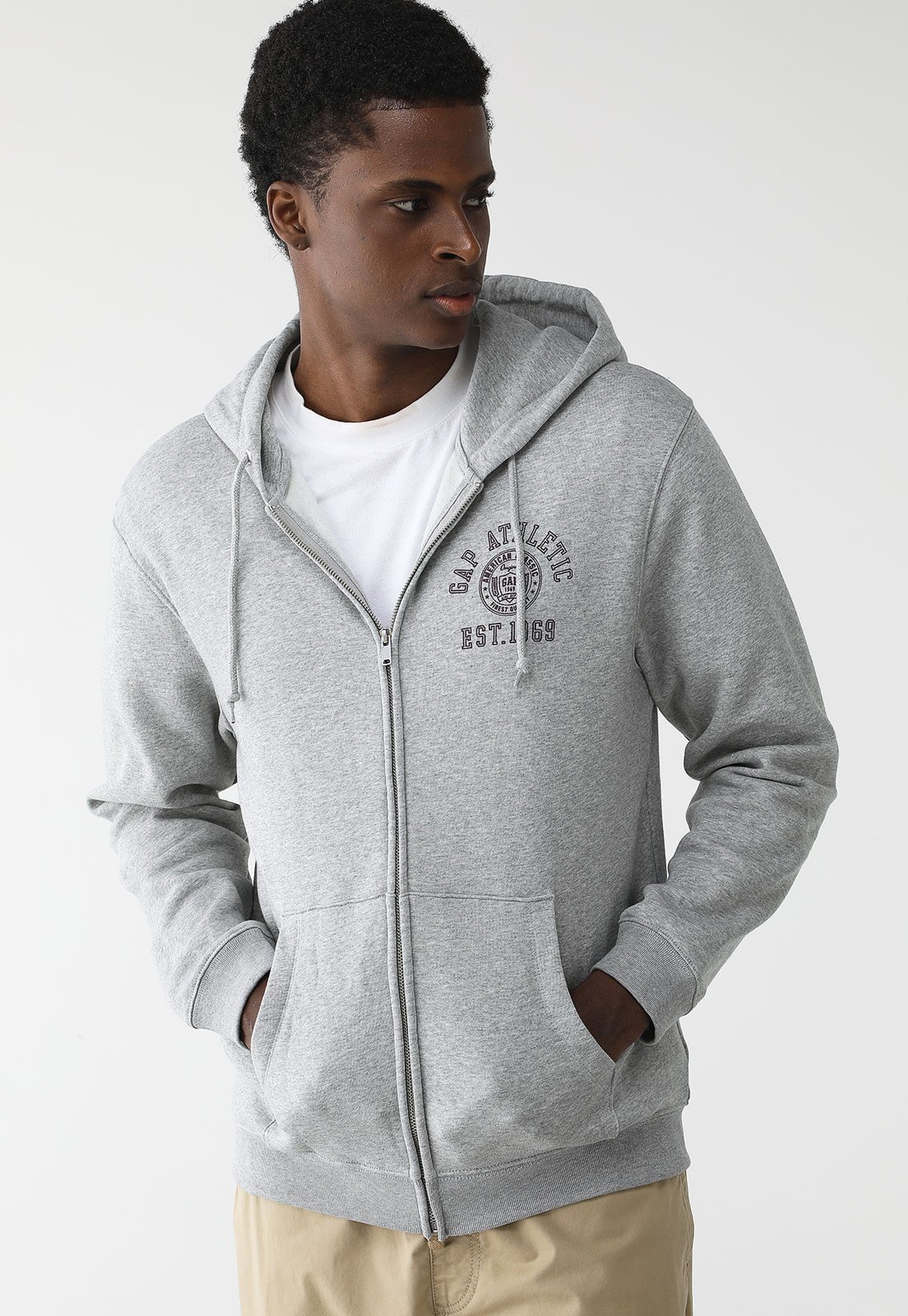 Blusa de Moletom Flanelada Aberta GAP Logo Cinza