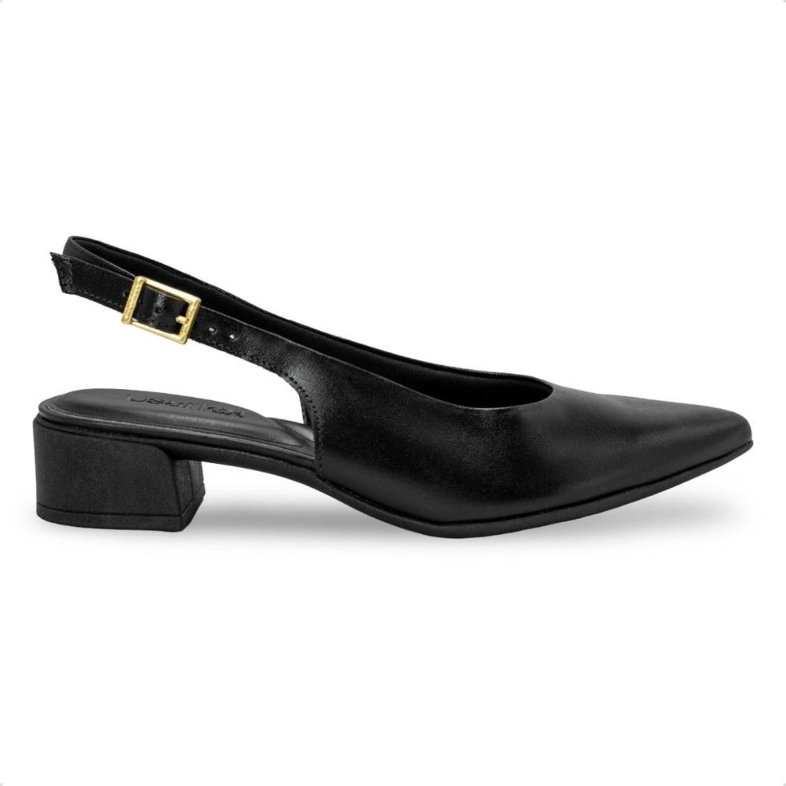 Scarpin Slingback Usaflex Feminino Salto Bloco Couro Bico Fino Casual UD27001 Preto