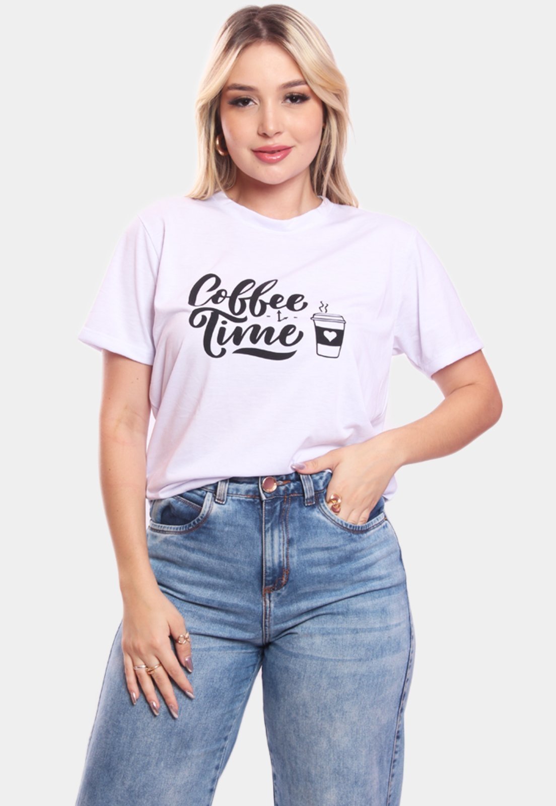 Tshirt Blusa Feminina Coffee Time Estampada Manga Curta Camiseta Camisa Branco