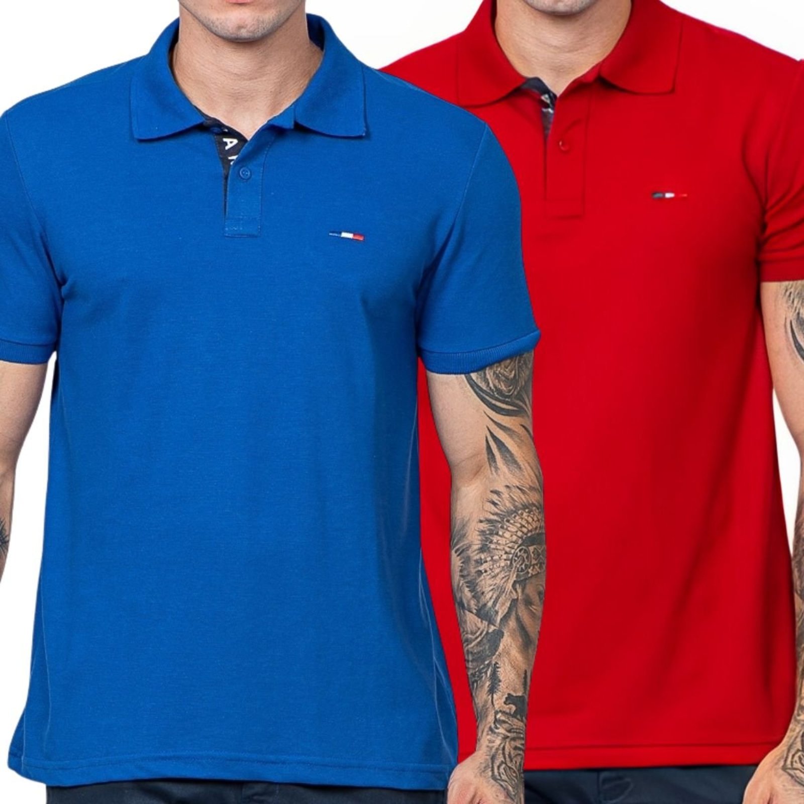 Kit 2 Polos Masculina Básicas Royal e Vermelho Bordado França Azul Royal