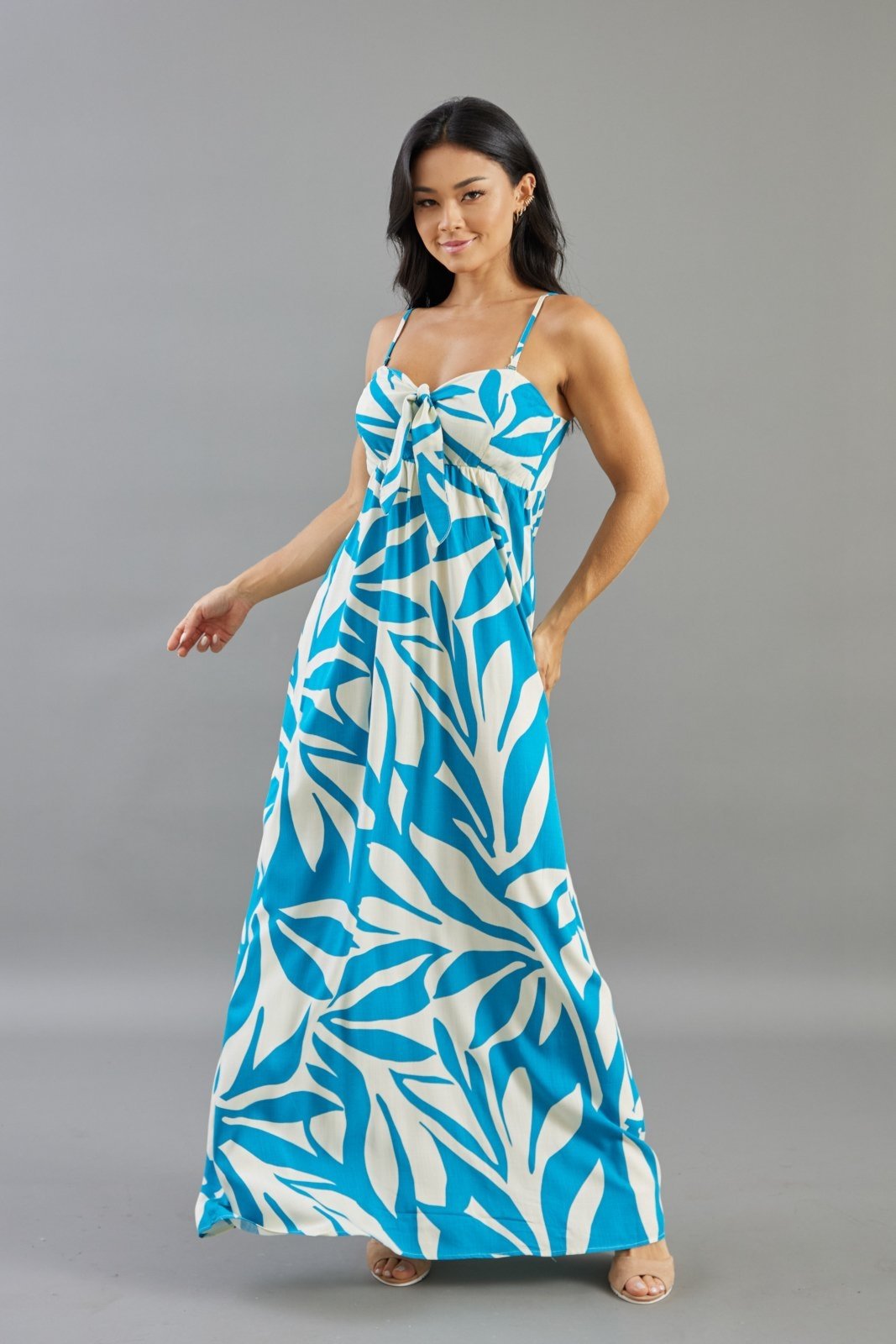Vestido Longo Lemier Collection Soltinho Estampa de Folhagem Alça Removível Azul
