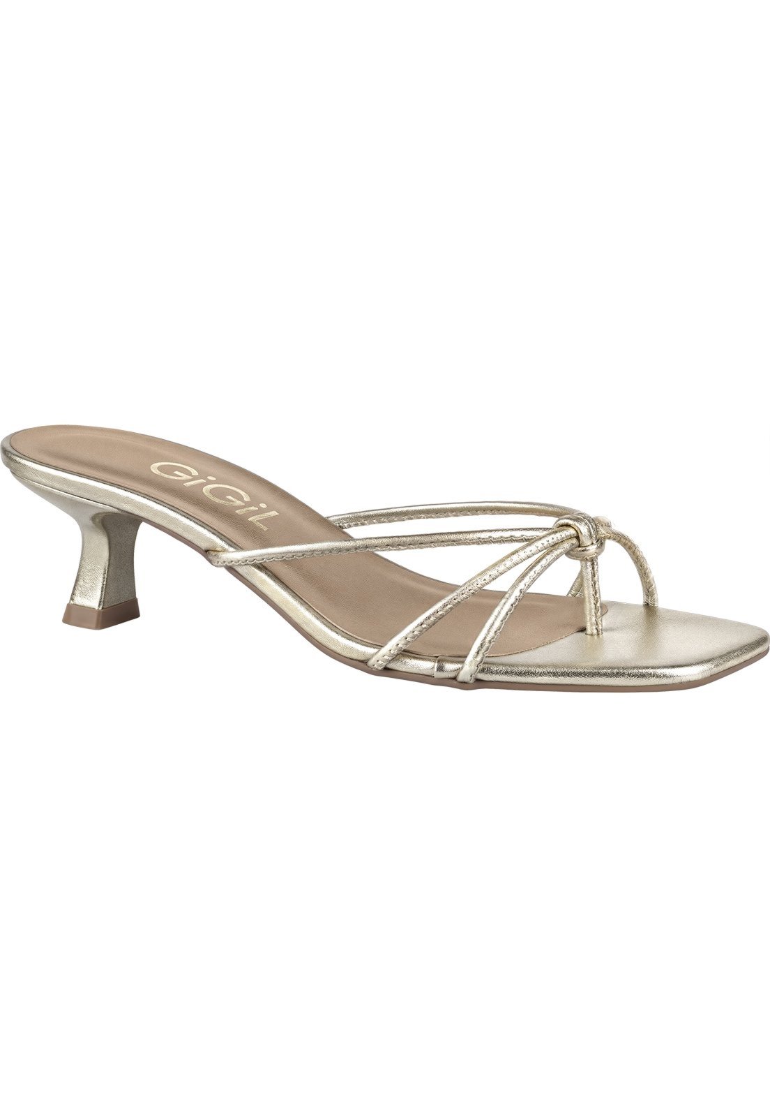 Tamanco Feminino GiGiL Tiras Finas de Dedo Nó Salto Taça Kitten Baixo Bico Quadrado Elegante Dourado