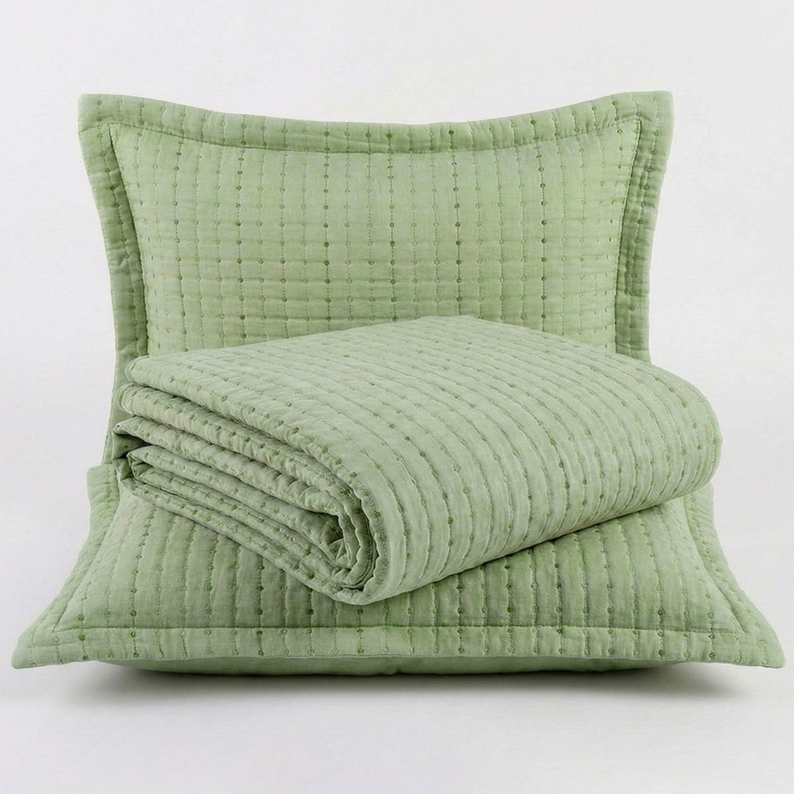 Kit Cobre Leito Bordare Casal 300 Fios Colcha Luxo Toque de Algodão 3 Peças Verde Pistache - 100% Poliéster