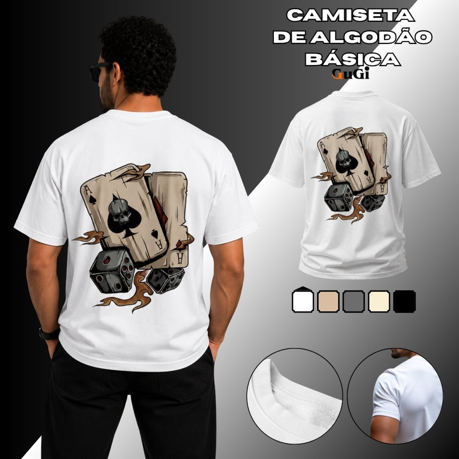 Camiseta Masculina Baralho Ás Dados 100% Algodão 30.1 Branco