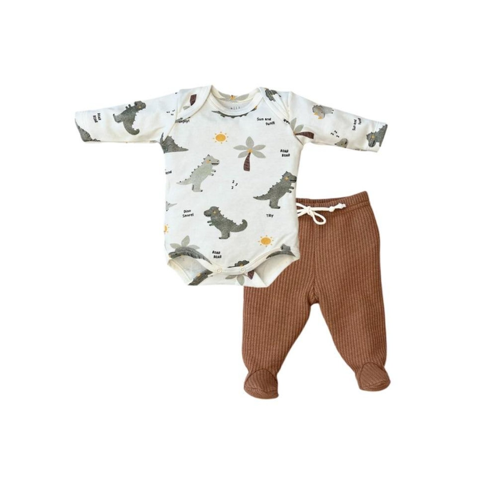 Infantil - Conjunto Body Manga Longa Estampa Dinossauro Calça Mijão Pé Tilly Baby Branco Marrom M Off-white