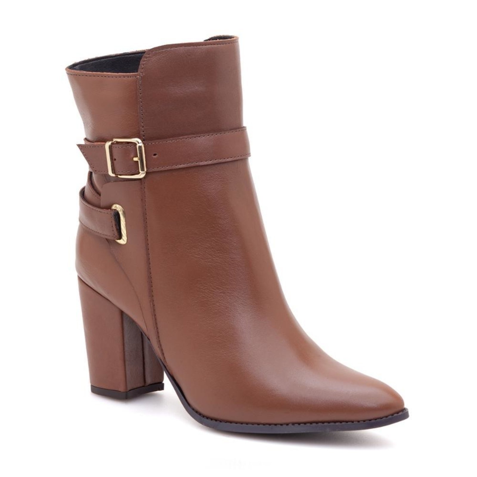 Bota Feminina Couro Via Miss Bico Fino Salto Grosso Estilo Marrom