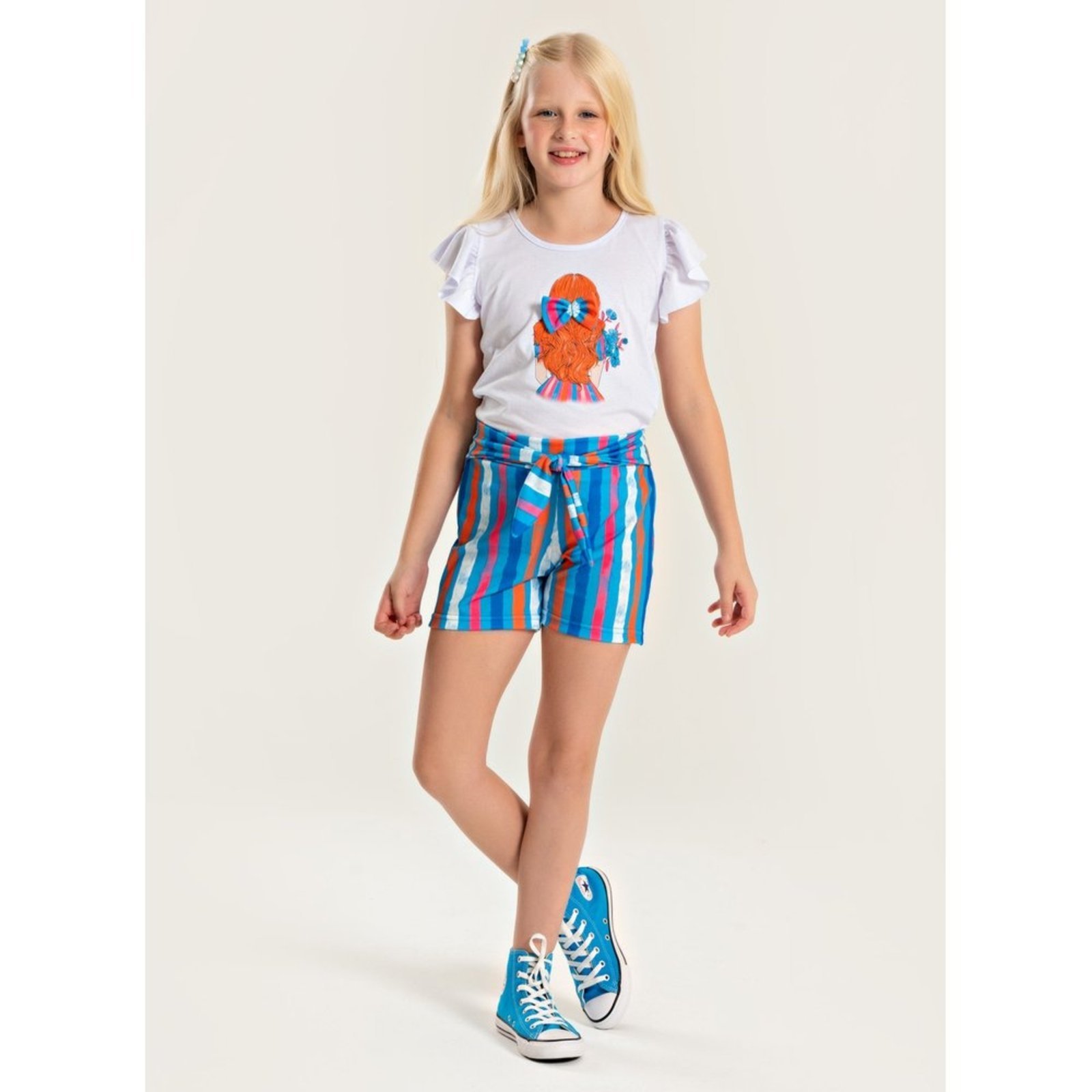 Infantil - Conjunto Verão Menina Branco Blusa e Shorts Com Amarração Laço e Listras