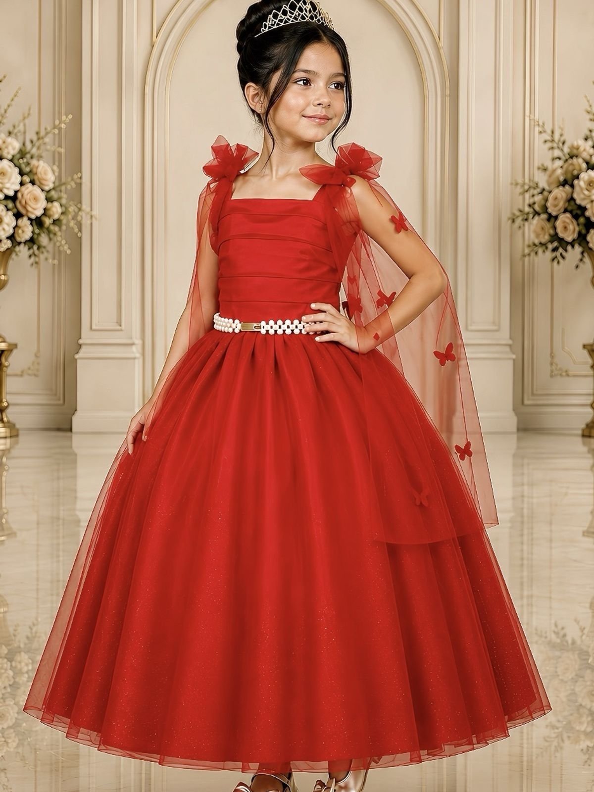 Infantil - Vestido Festa Longo Vermelho Formatura Casamento Dama Daminha Borboletas Social Menina Juvenil Pérolas Juvenil Princesa Rodado Florista Aniversário Luxo