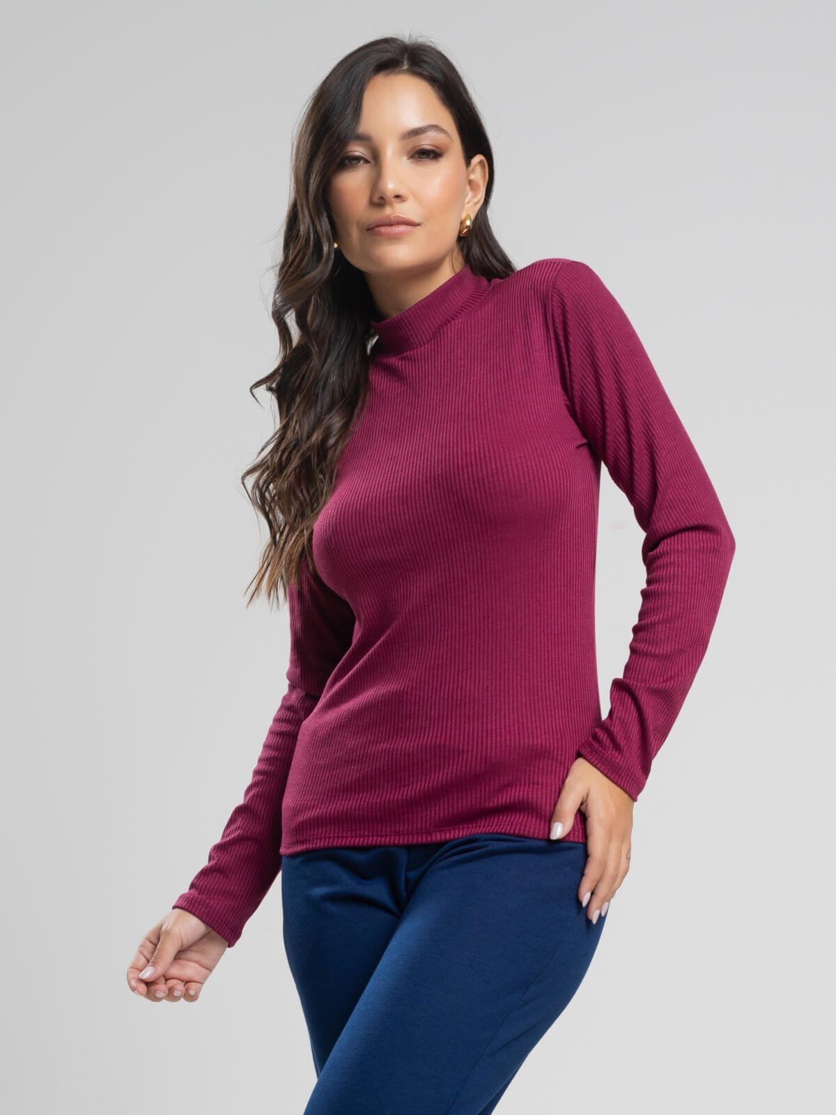 Blusa Feminina Canelada Gola Alta Manga Longa Básica Vicbela Vinho