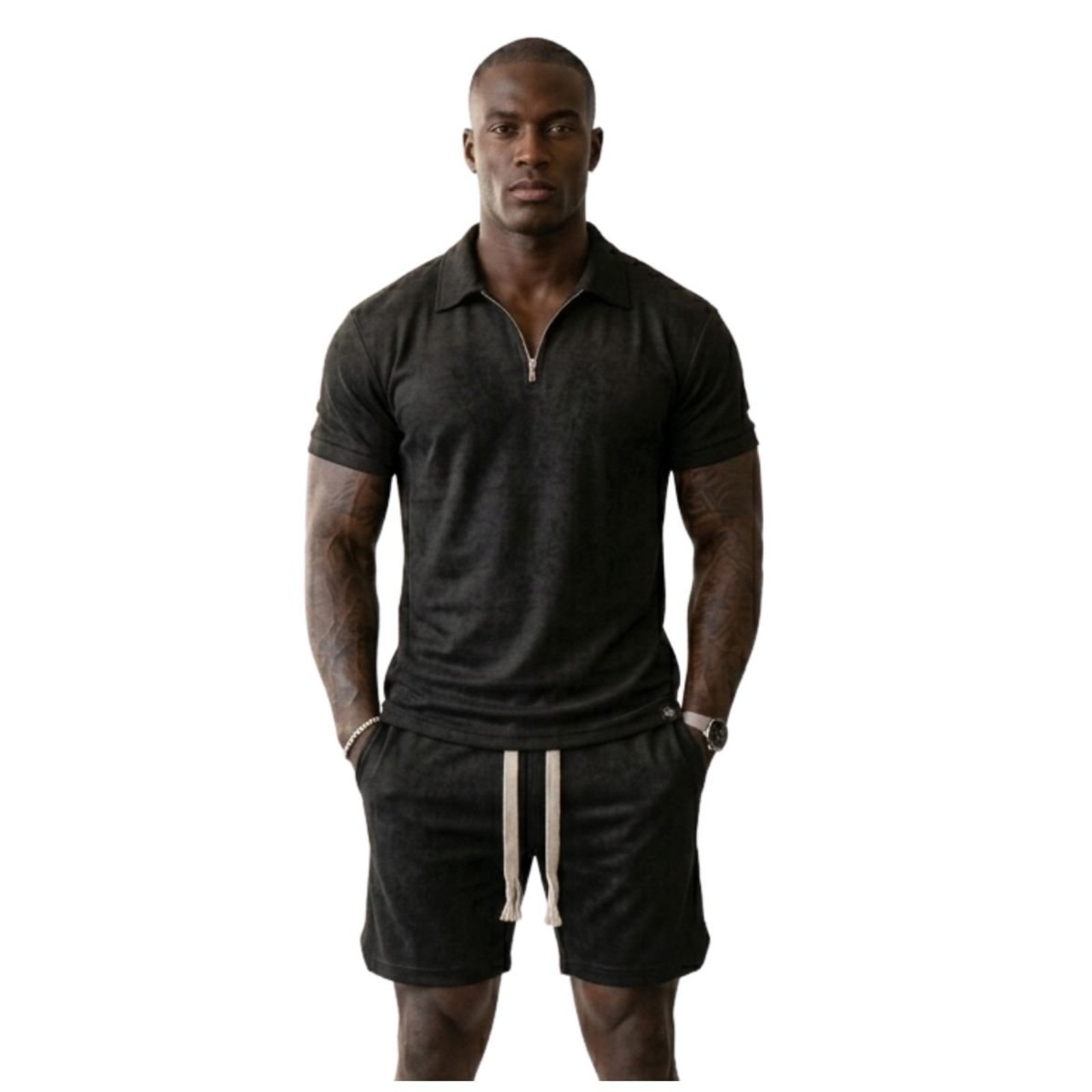 Conjunto Masculino Oversized Suedine Premium Polo Zíper Bermuda Preto