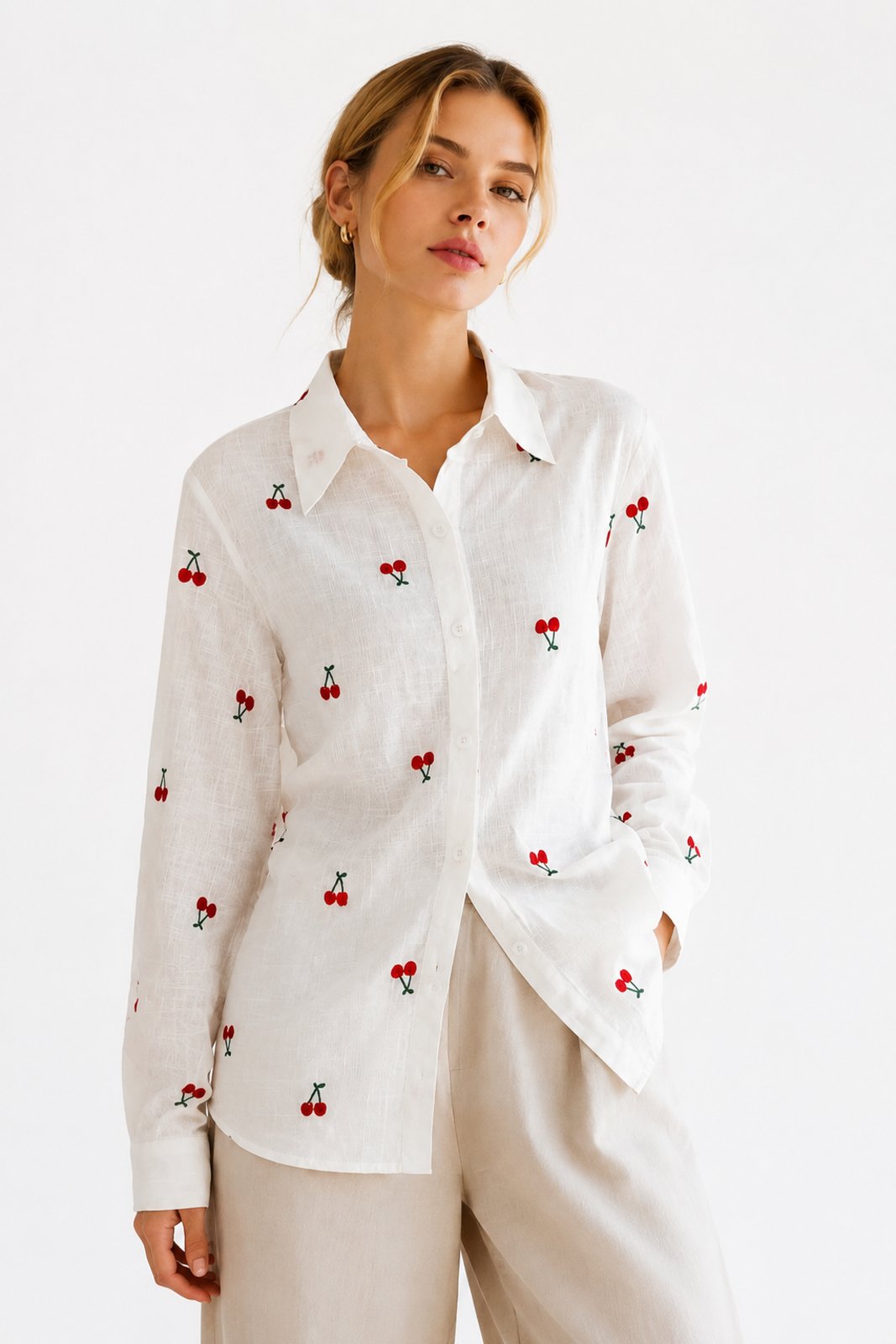Camisa Social Feminina D Bell Outlet Fashion Cereja Branco