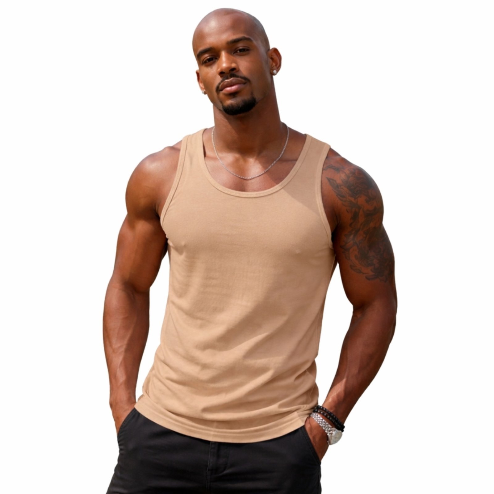 Vista 2 Camisa Regata Masculina de Algodão Camiseta Gola Redonda Lisa Relaxado branco Relaxado branco