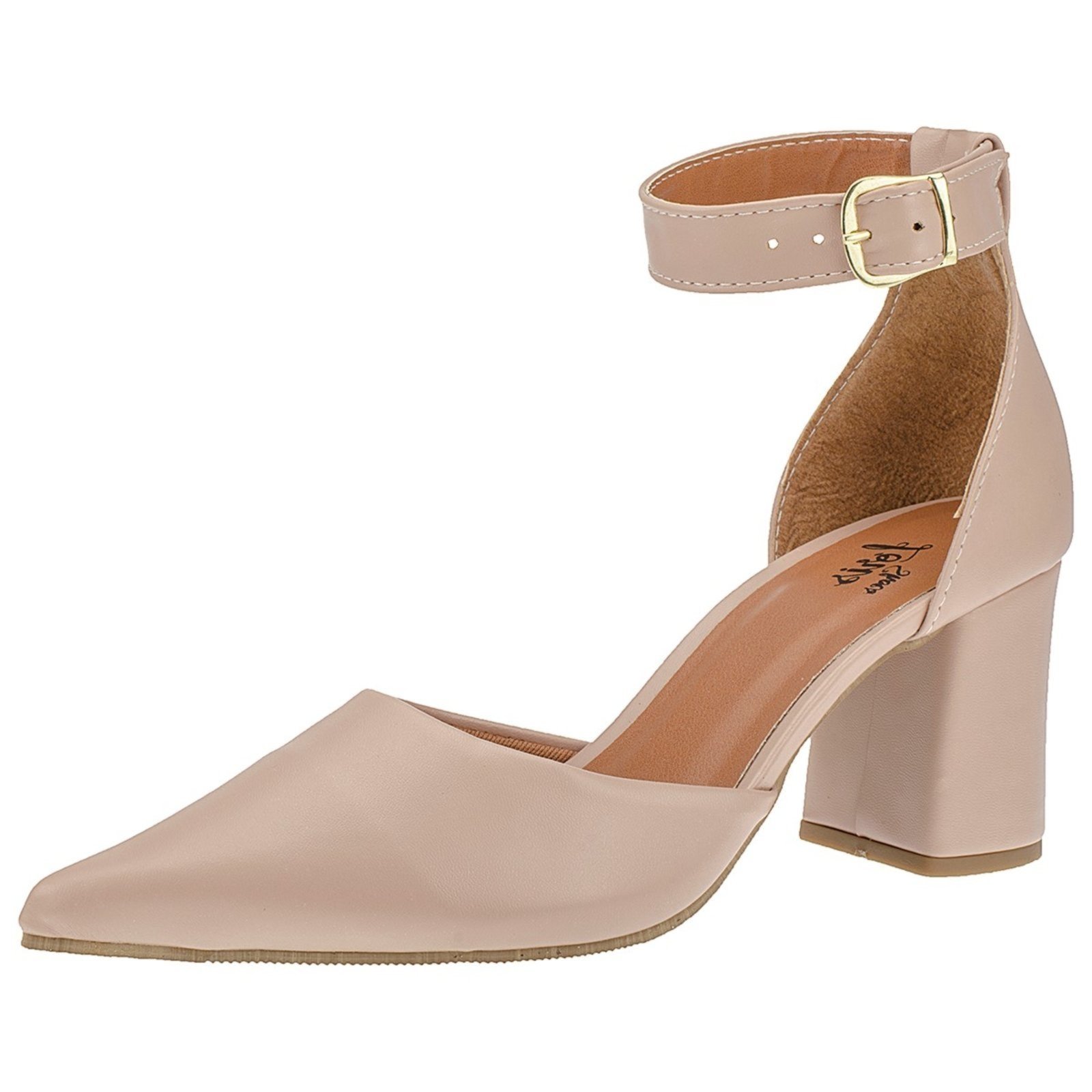 Sandália Scarpin Fivela Lóris Shoes Bico Fino Salto Alto Grosso 3078 Nude