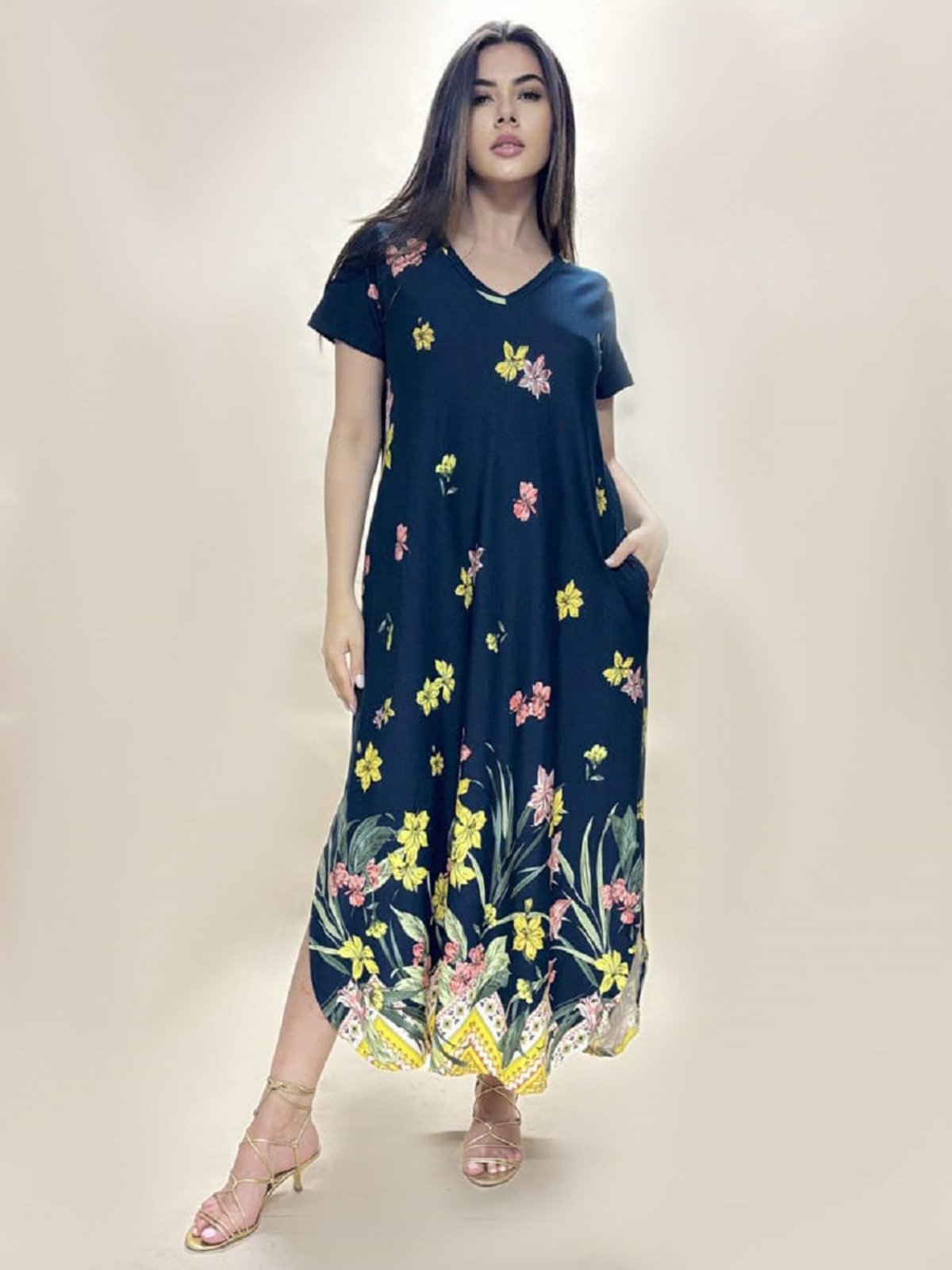 Vestido Midi Abapã Malha com Bolso Floresce Azul
