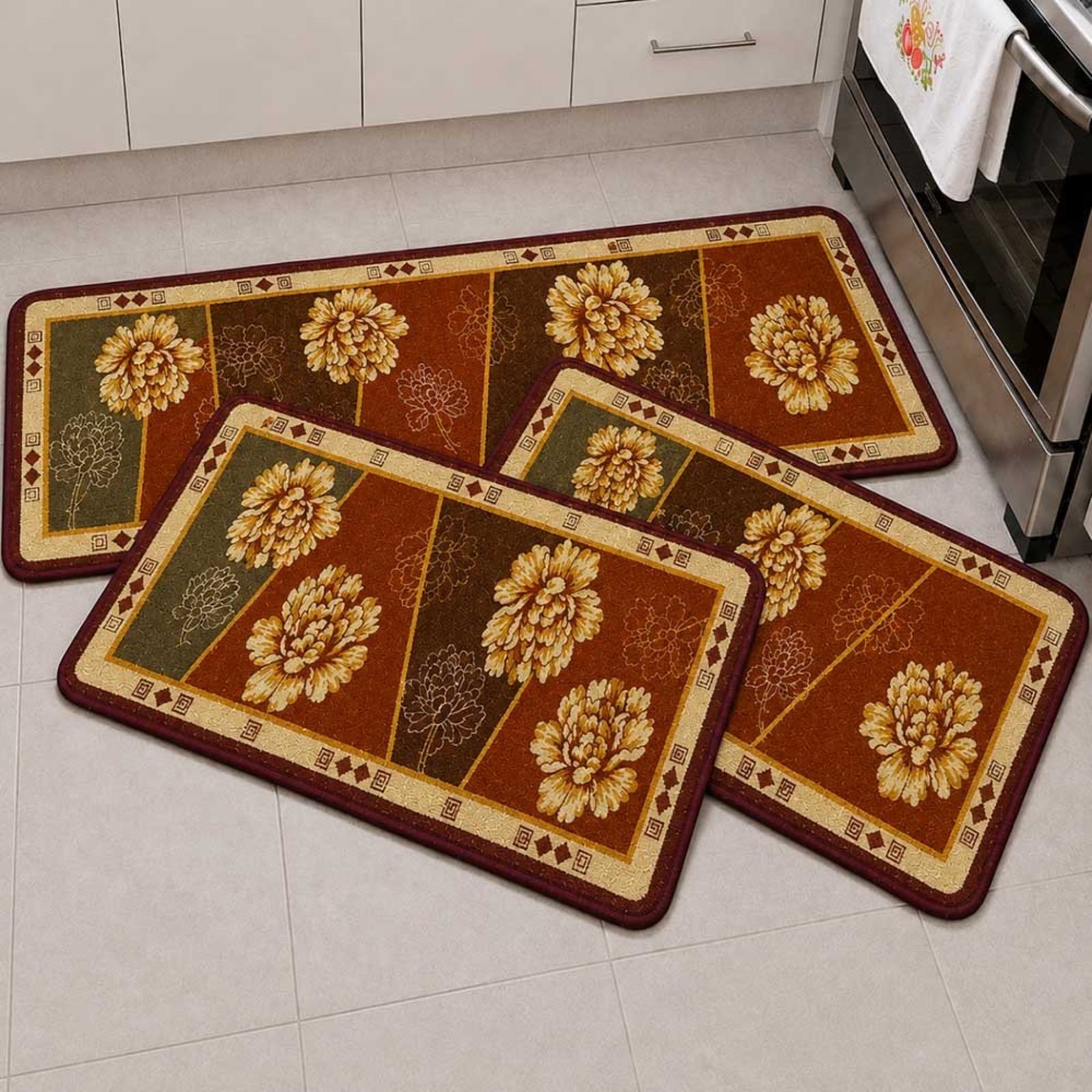 Kit Tapete para Cozinha 3 Peças Passadeira Antiderrapante Emborrachada Carpete Floral
