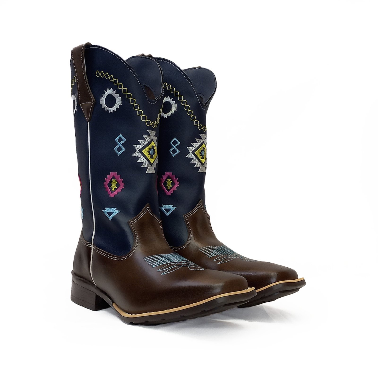Bota Country Feminina em Couro Café Cano Longo Azul Bordado Tribal Kapell
