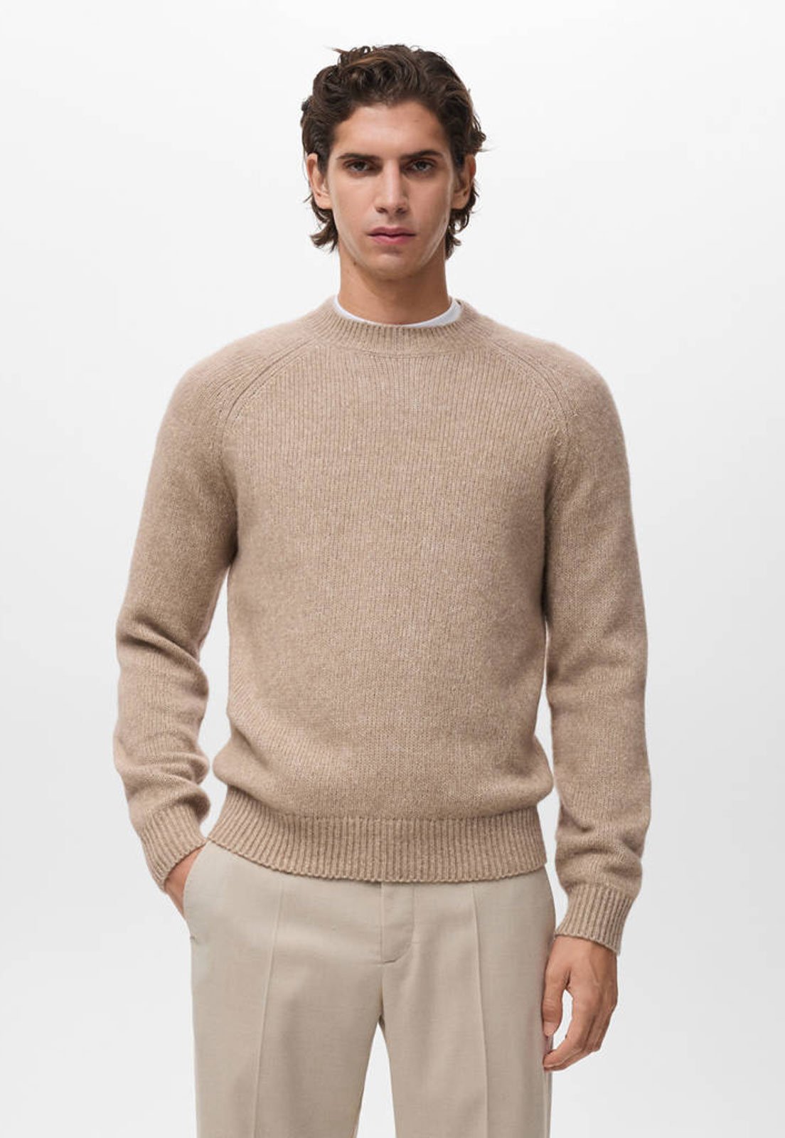 Suéter Masculino Mango Gola Redonda Bege
