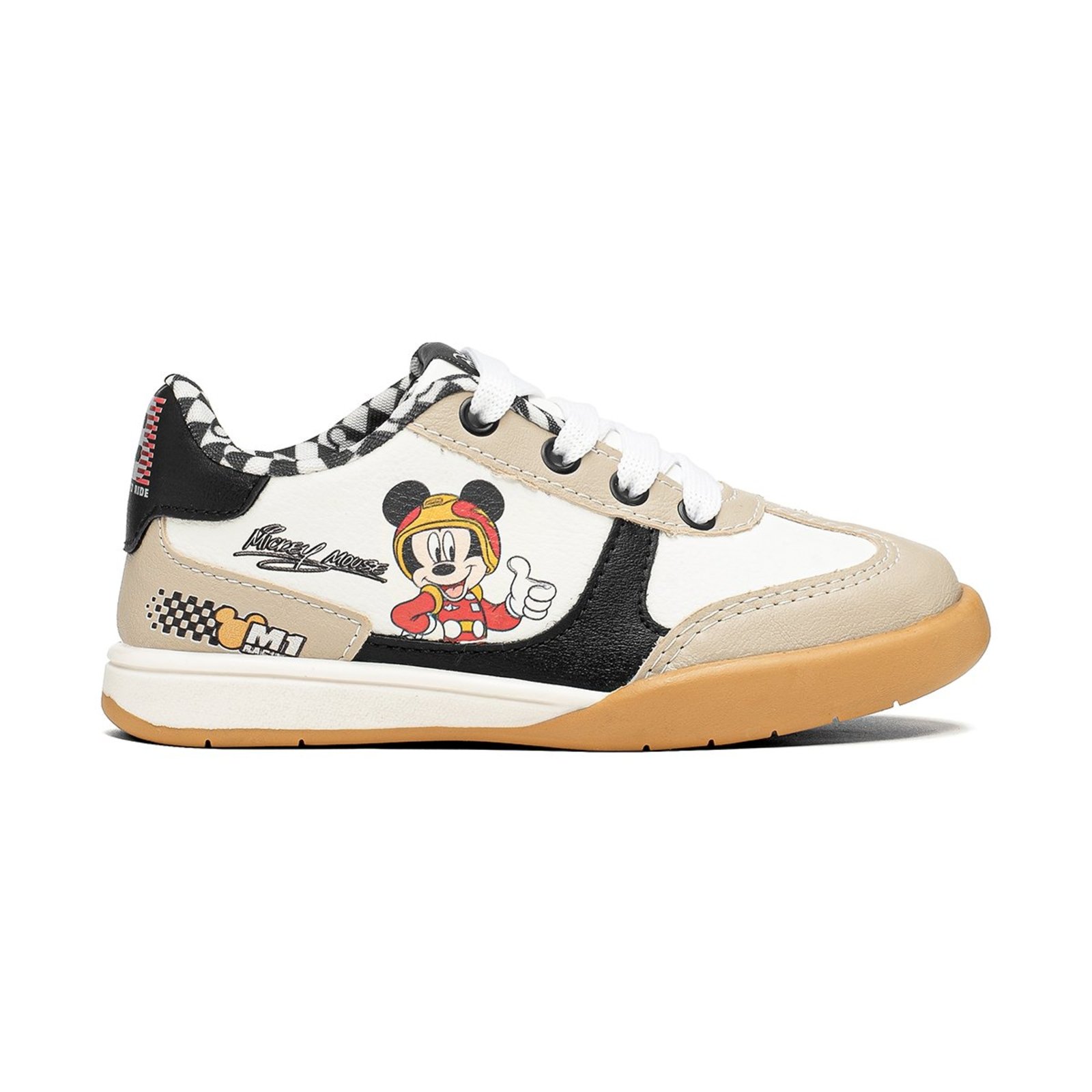 Infantil - Tênis Disney Mickey Mouse Racing Off White e Preto Casual com Cadarço Tradicional Solado Leve Confortável Antiderrapante DMY16DY