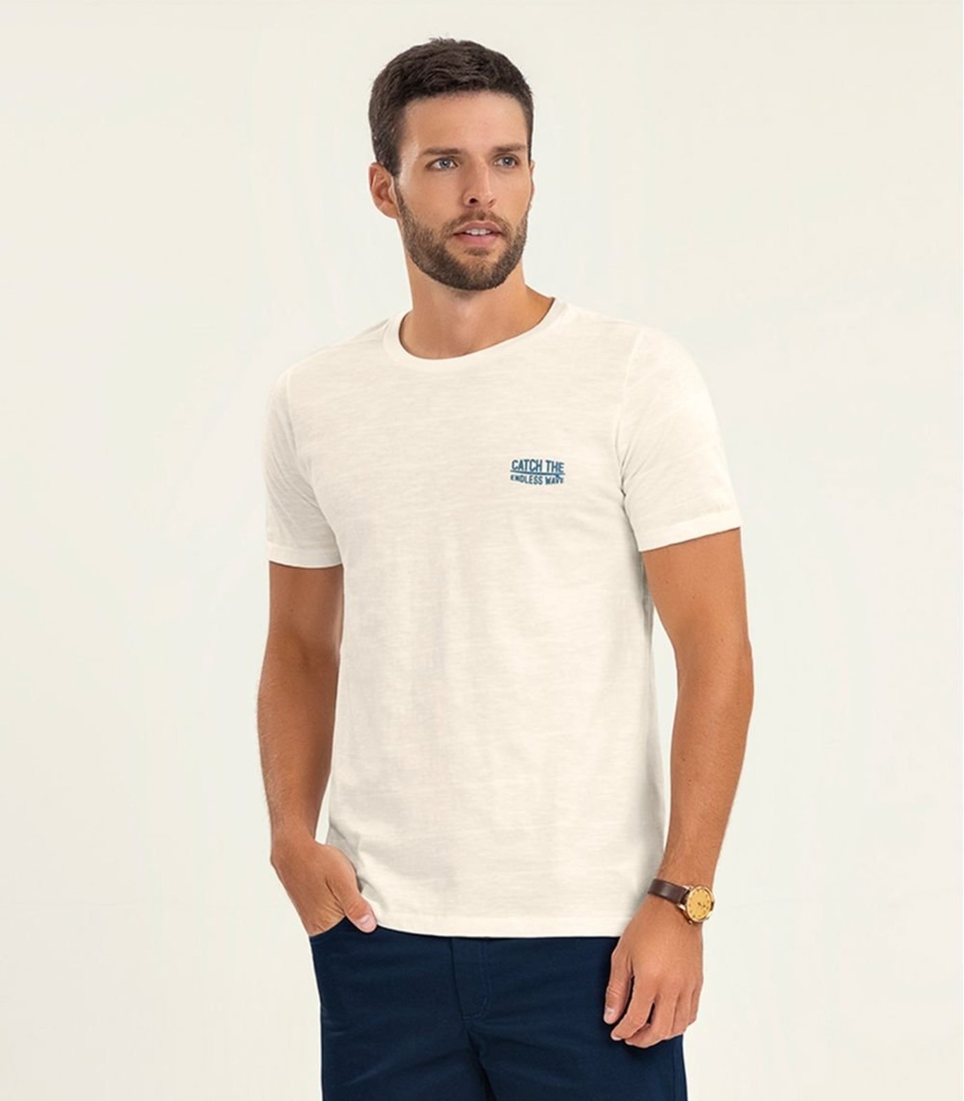 Vista 2 Camiseta Masculina Malha Maquinetada Diametro bege Diametro bege