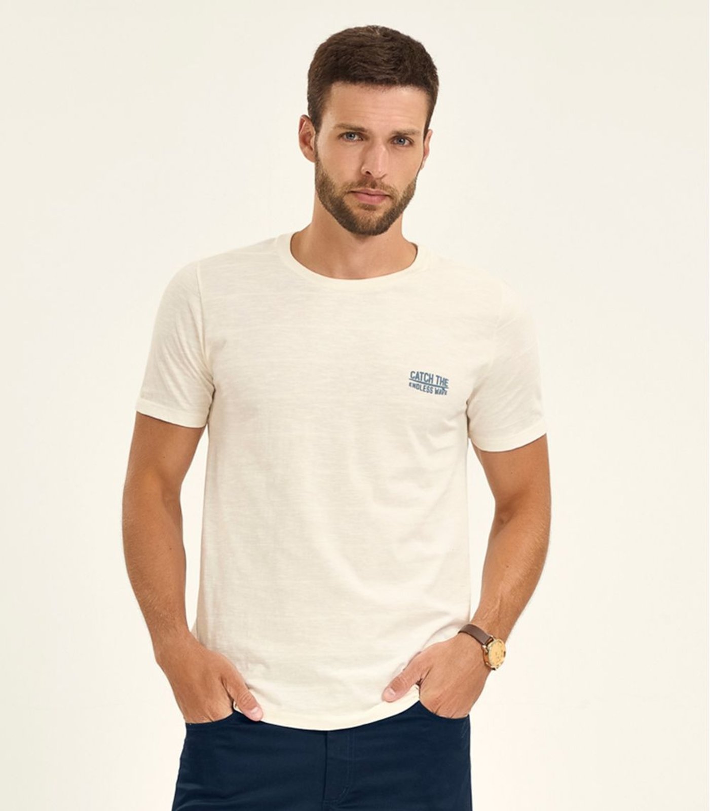 Vista 3 Camiseta Masculina Malha Maquinetada Diametro bege Diametro bege