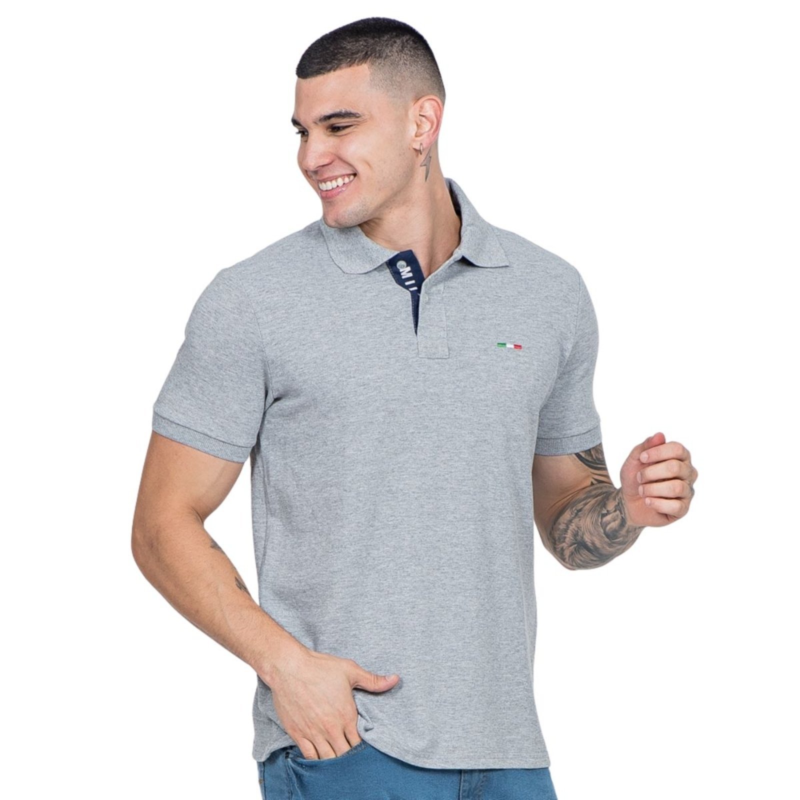 Camisa Polo Vih Triny Masculina Básica Piquet no Estilo Tommy Bordado Itália Cinza