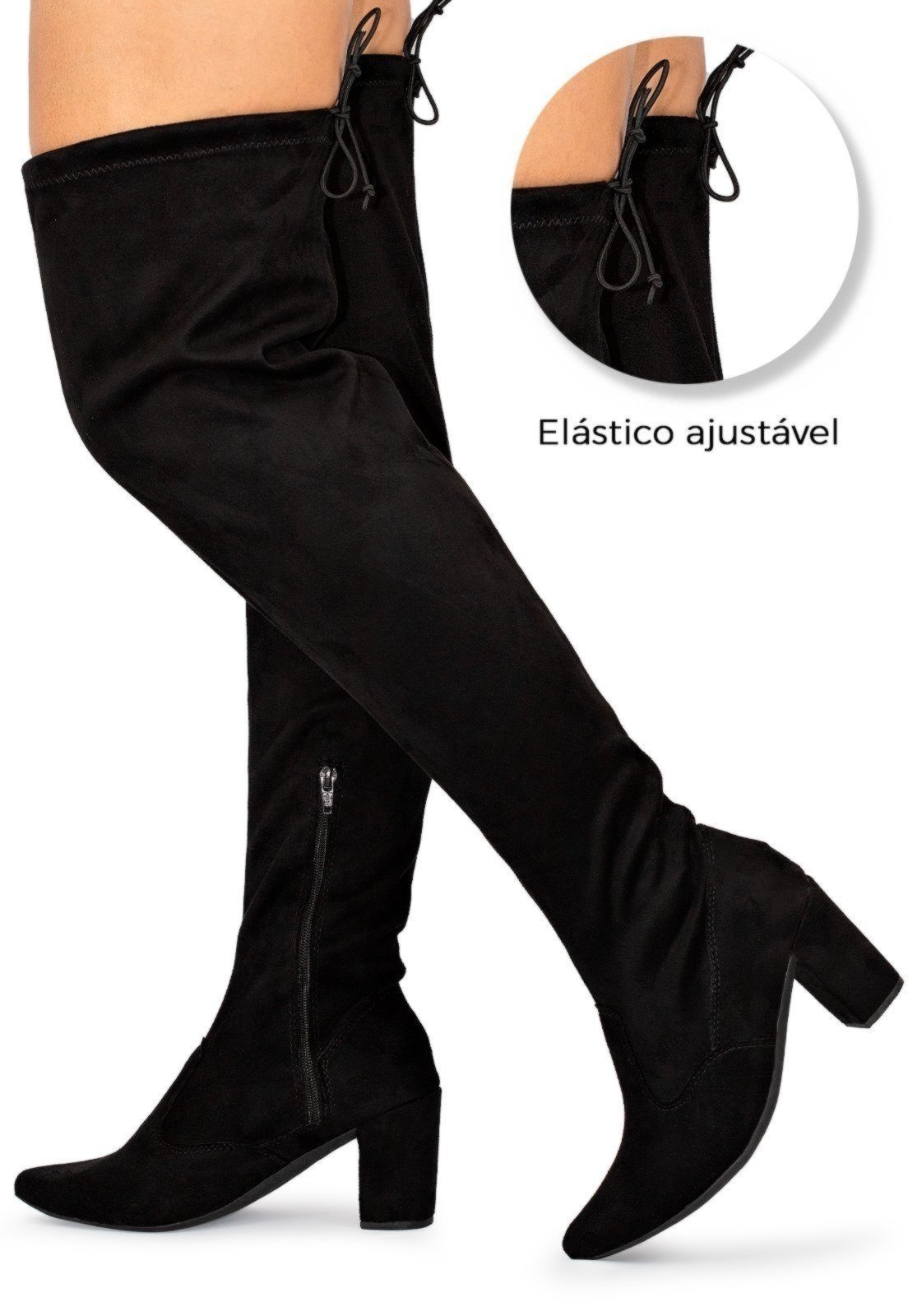 Bota Feminina Over The Knee Lumiss Cano Longo Salto Alto Grosso Confortável Stretch Elástico Bico Fino Camurça Preto
