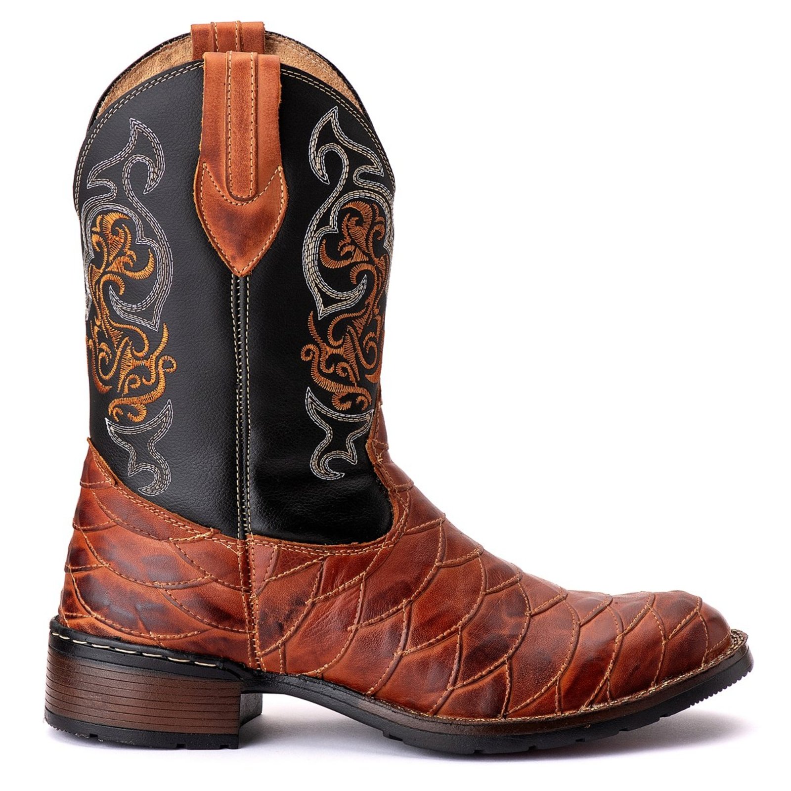 Bota Couro Texana Campero Escamada Bordado Pinhão