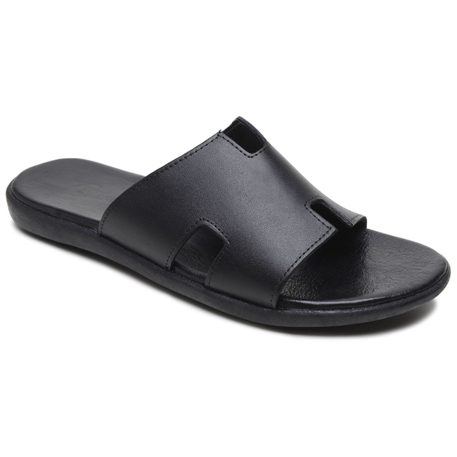 Chinelo Slide Masculino Couro Ultra Leve Legítimo Conforto Verão Forro Macio Preto