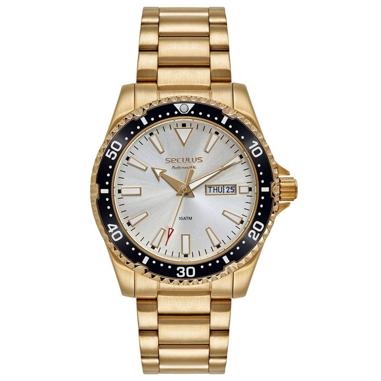 Relógio Masculino Automático Aço Catraca Giratória Dourado Seculus