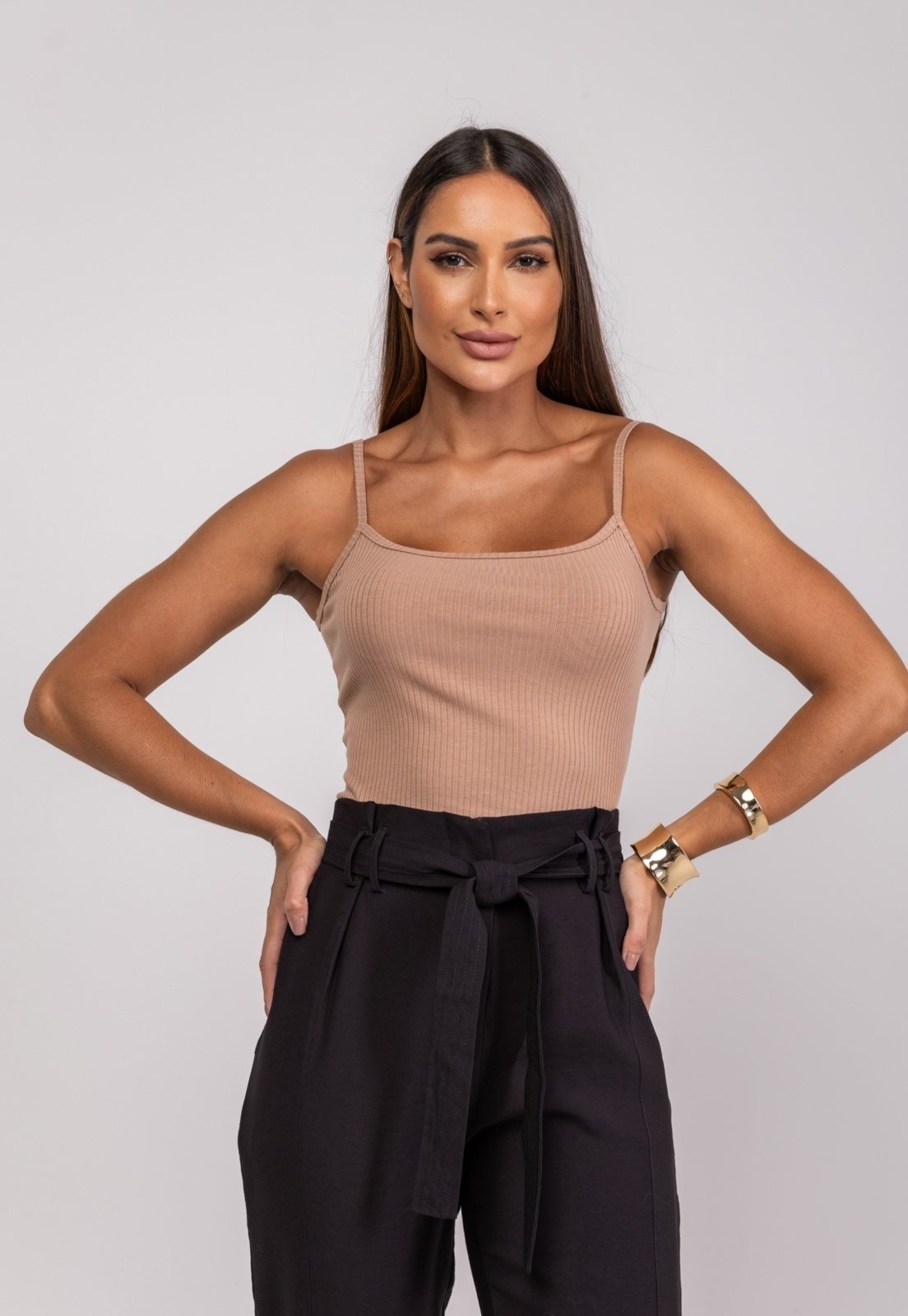 Regata Alcinha Malha Canelada Salvatore Fashion Marrom