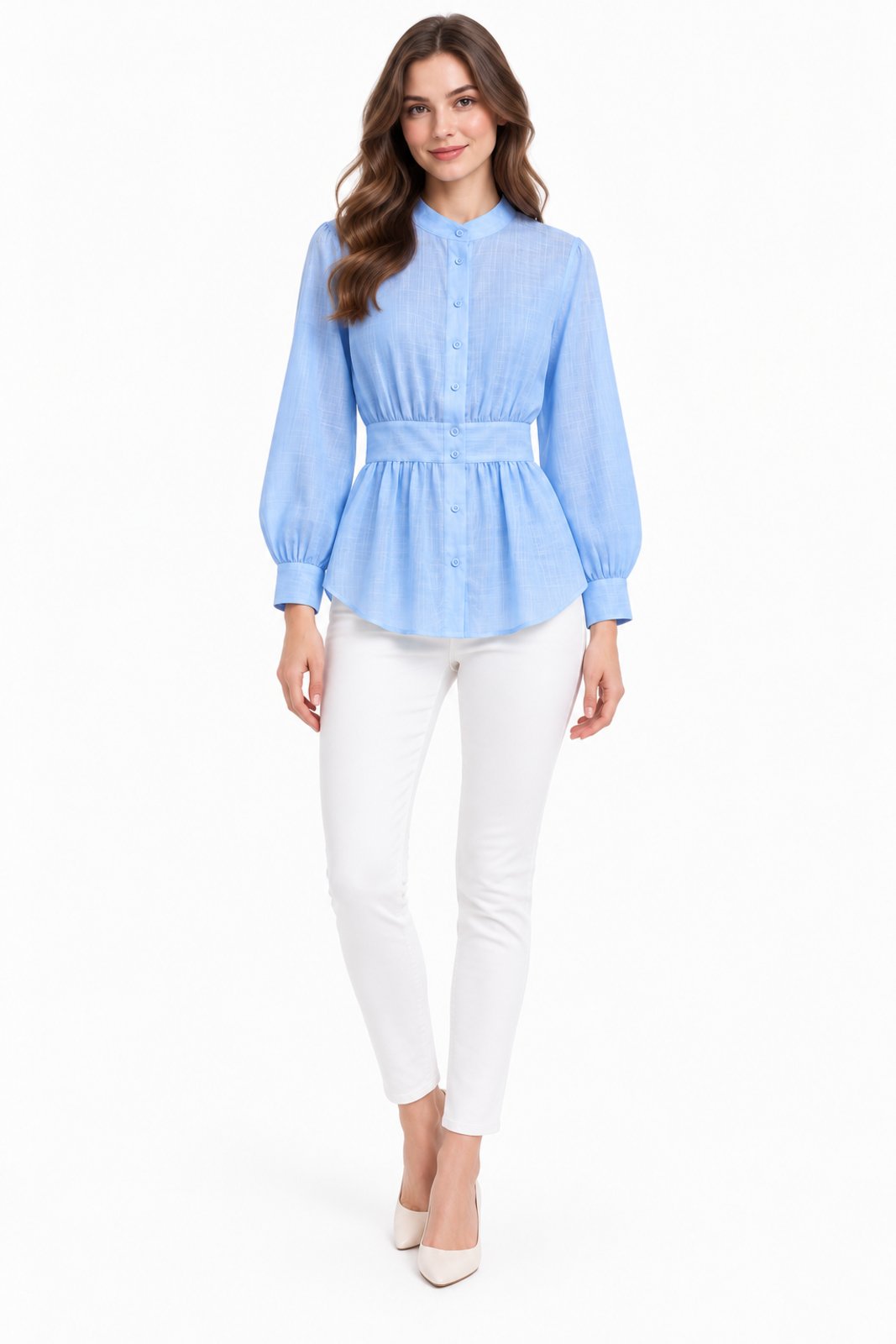 Camisa Feminina D Bell Outlet Fashion Peplum Linho Flamé Manga Longa Claro