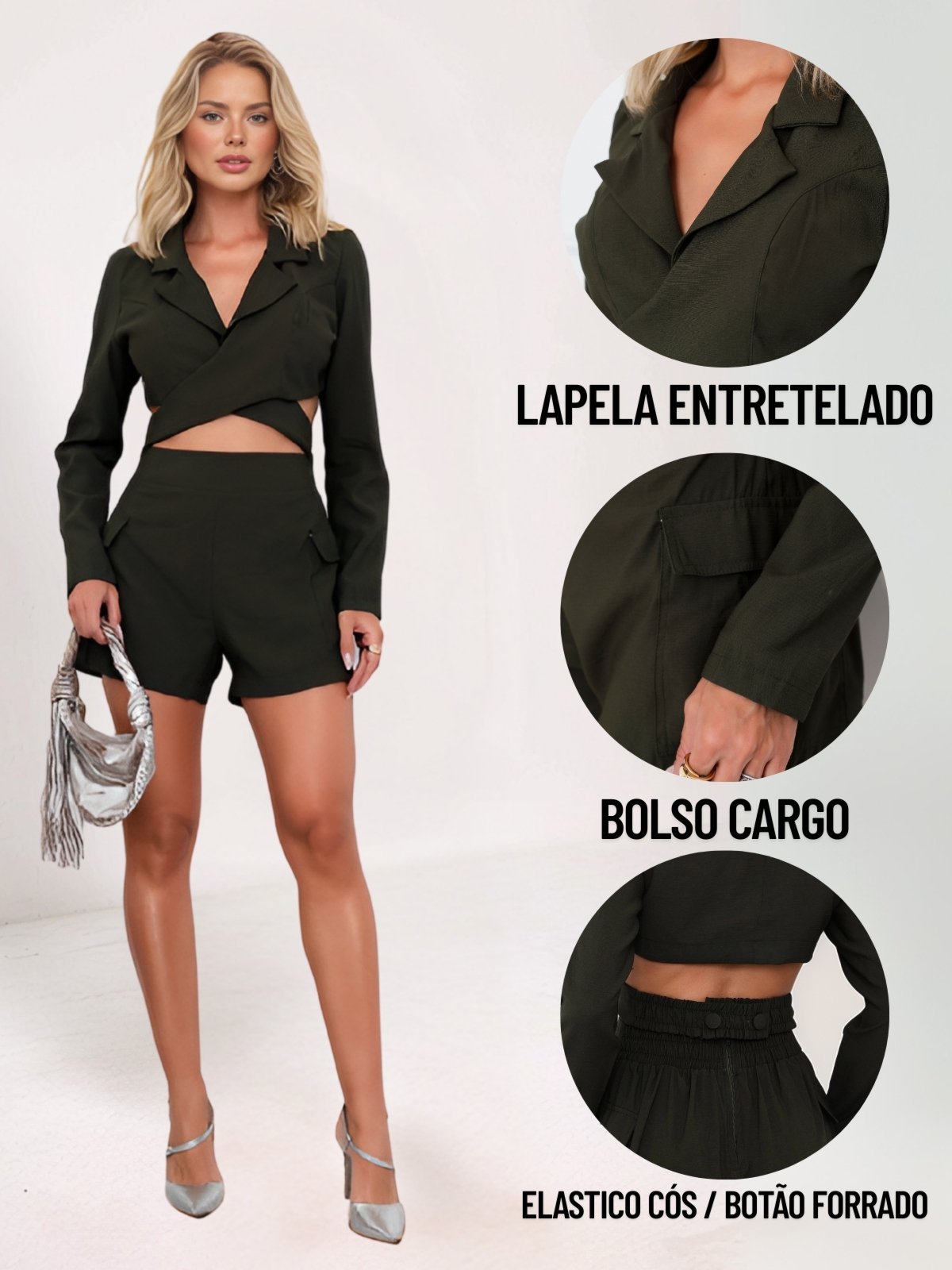 Vista 3 Conjunto Feminino Curto Divina Gata Cropped Manga Longa e Shorts Alfaiataria verde oliva DIVINA GATA verde oliva