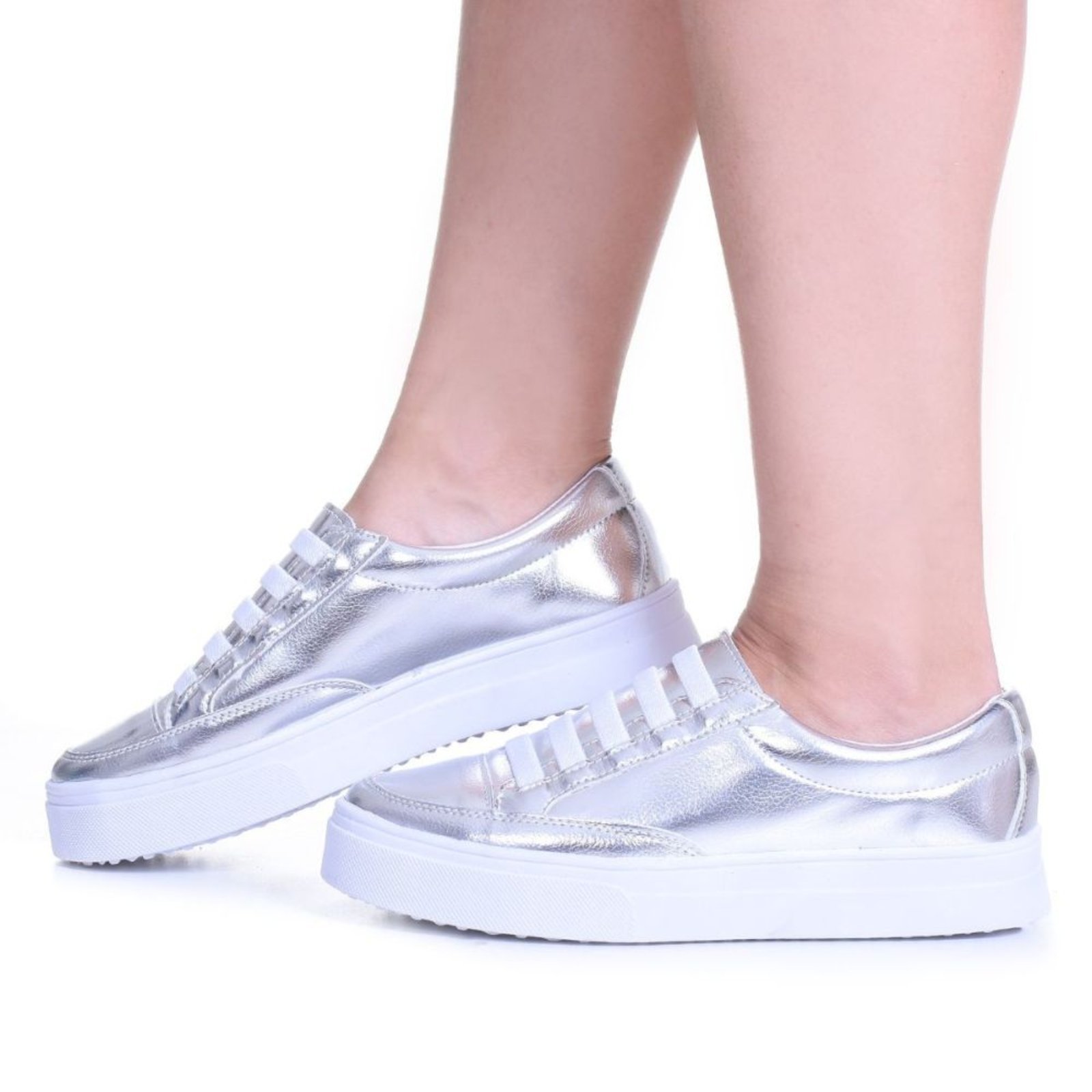 Tênis Feminino Casual Flatform Metalizado Prateado