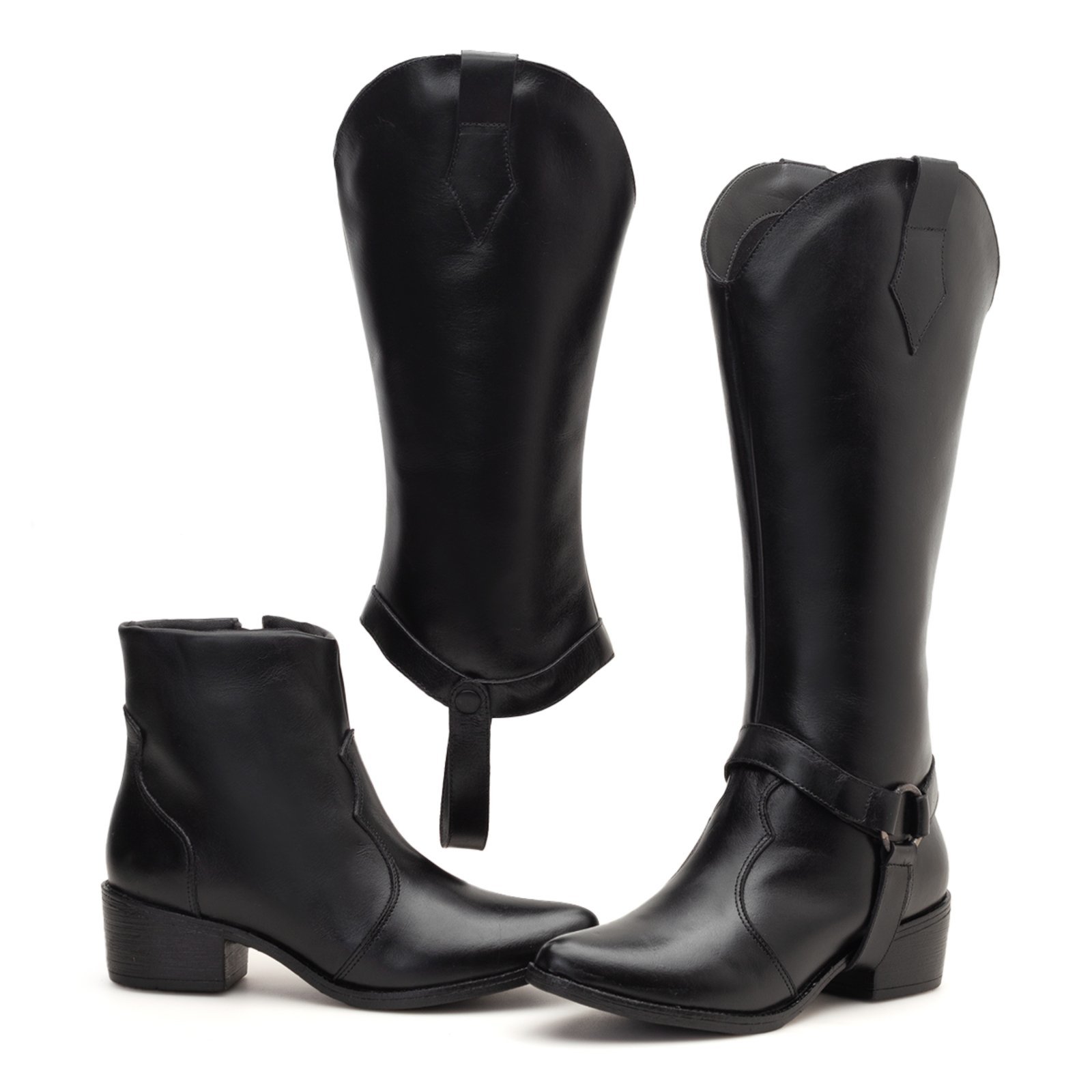 Bota Feminina Couro Macio Cano Longo e Curto Casual 2 em 1 Preta