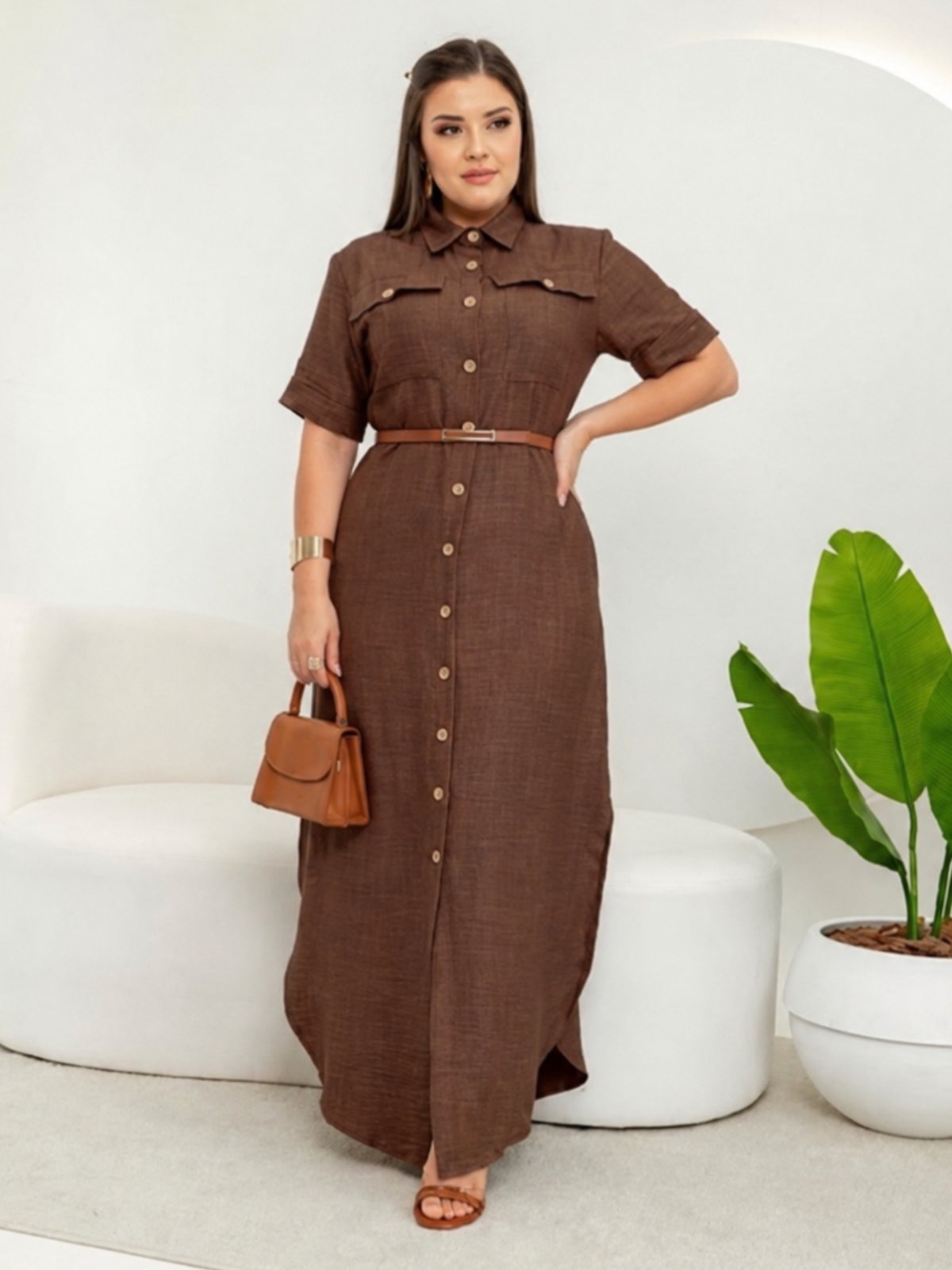 Vestido Feminino Casual Elegante Chemise com Cinto Manga Curta Social Trabalho Marrom