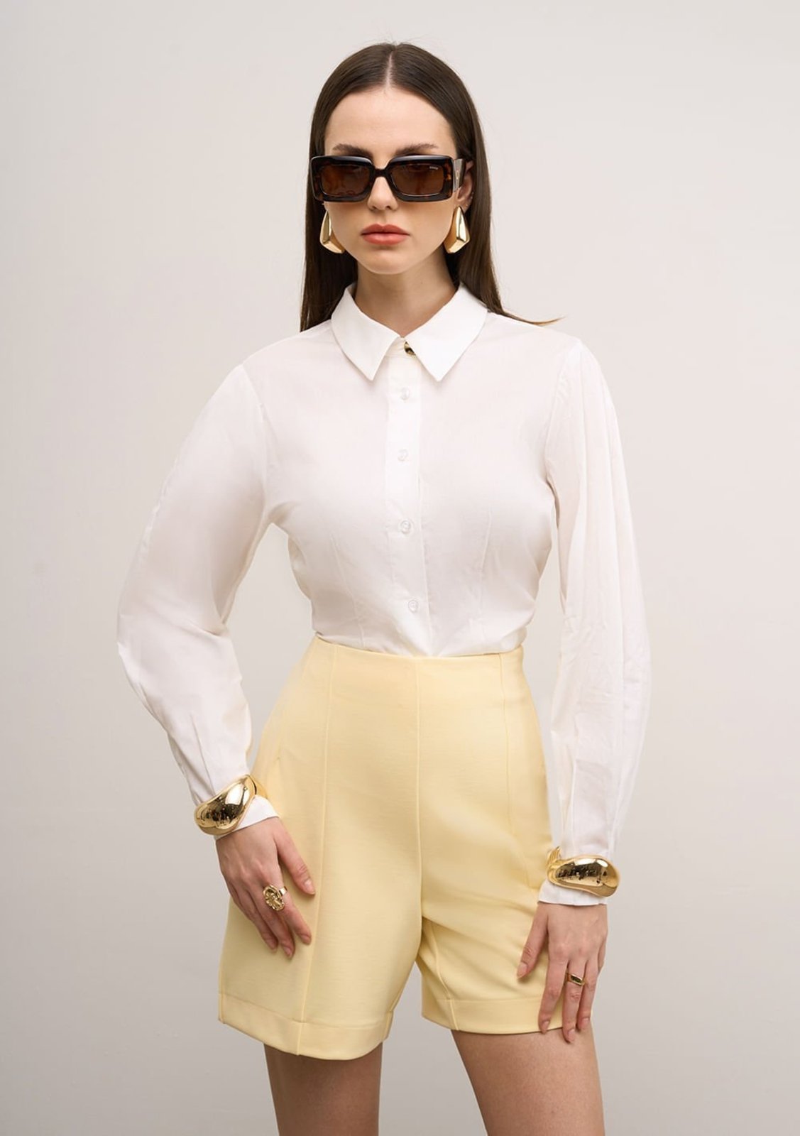 Camisa Iódice Ajustada Decote V Manga Longa Padrão Off-white
