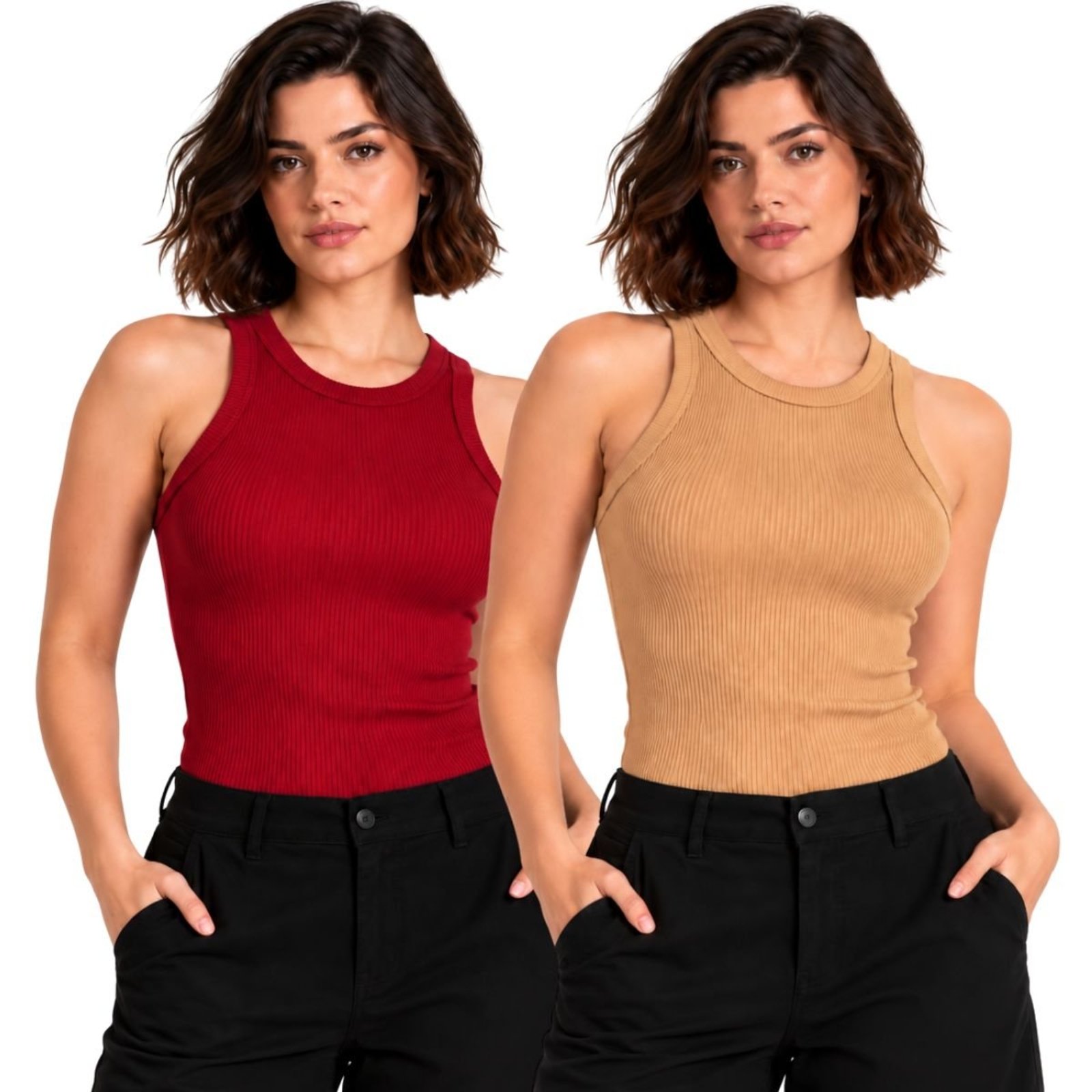 Kit 2 Regatas Femininas Caneladas Ribana Justa Casual