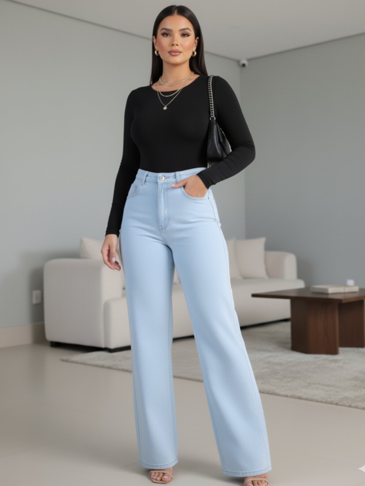 Calça Jeans Widleg Feminina Avec Casual e Basica Ideal Dia a Dia Azul