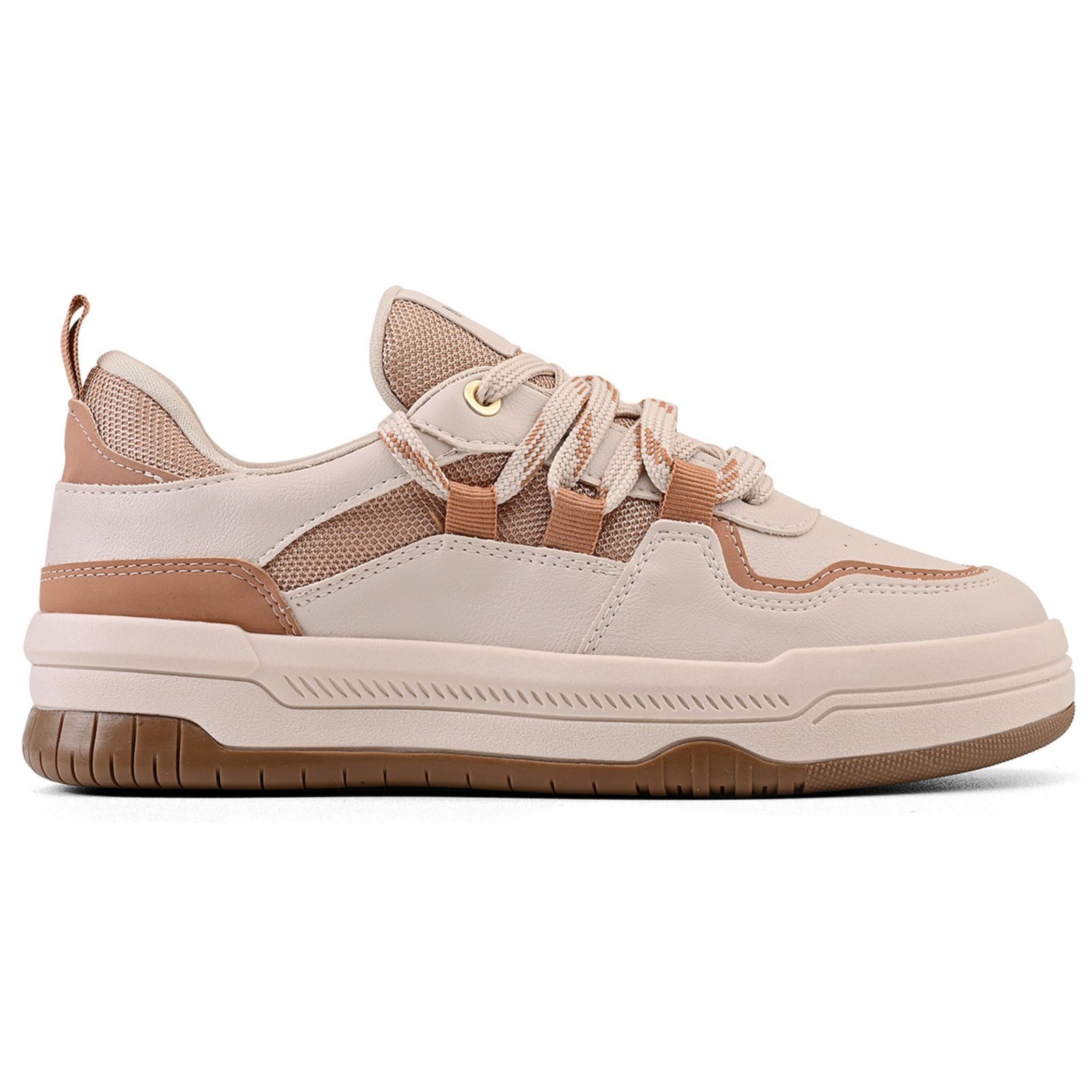Tênis Feminino Casual NYC Shoes Chunky Bege com Solado Marrom