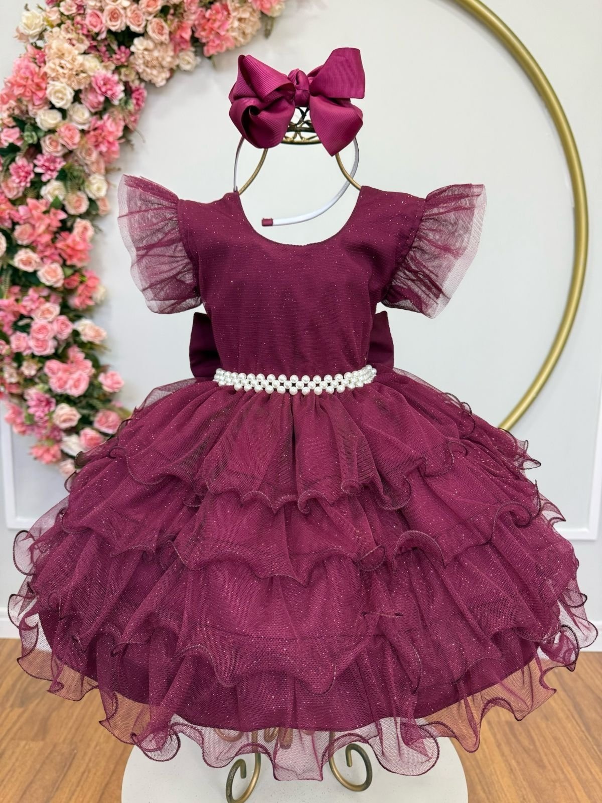 Infantil - Vestido Festa Marsala Bordô Vinho Formatura Florista Casamento Babados Dama Daminha Social Menina Juvenil Pérolas Princesa Rodado Aniversário Luxo