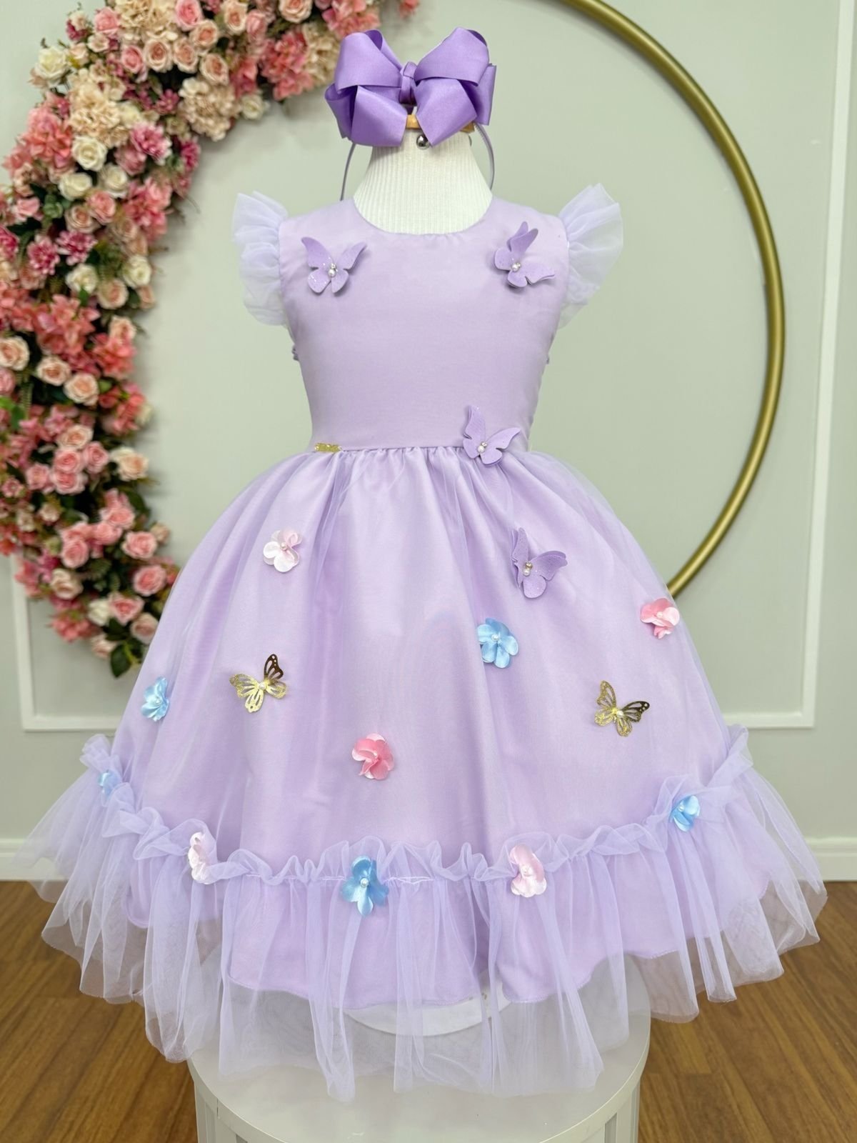 Infantil - Vestido Festa Lilás Lavanda Formatura Florista Casamento Borboletas Flores Dama Daminha Social Menina Juvenil Pérolas Princesa Rodado Aniversário Luxo