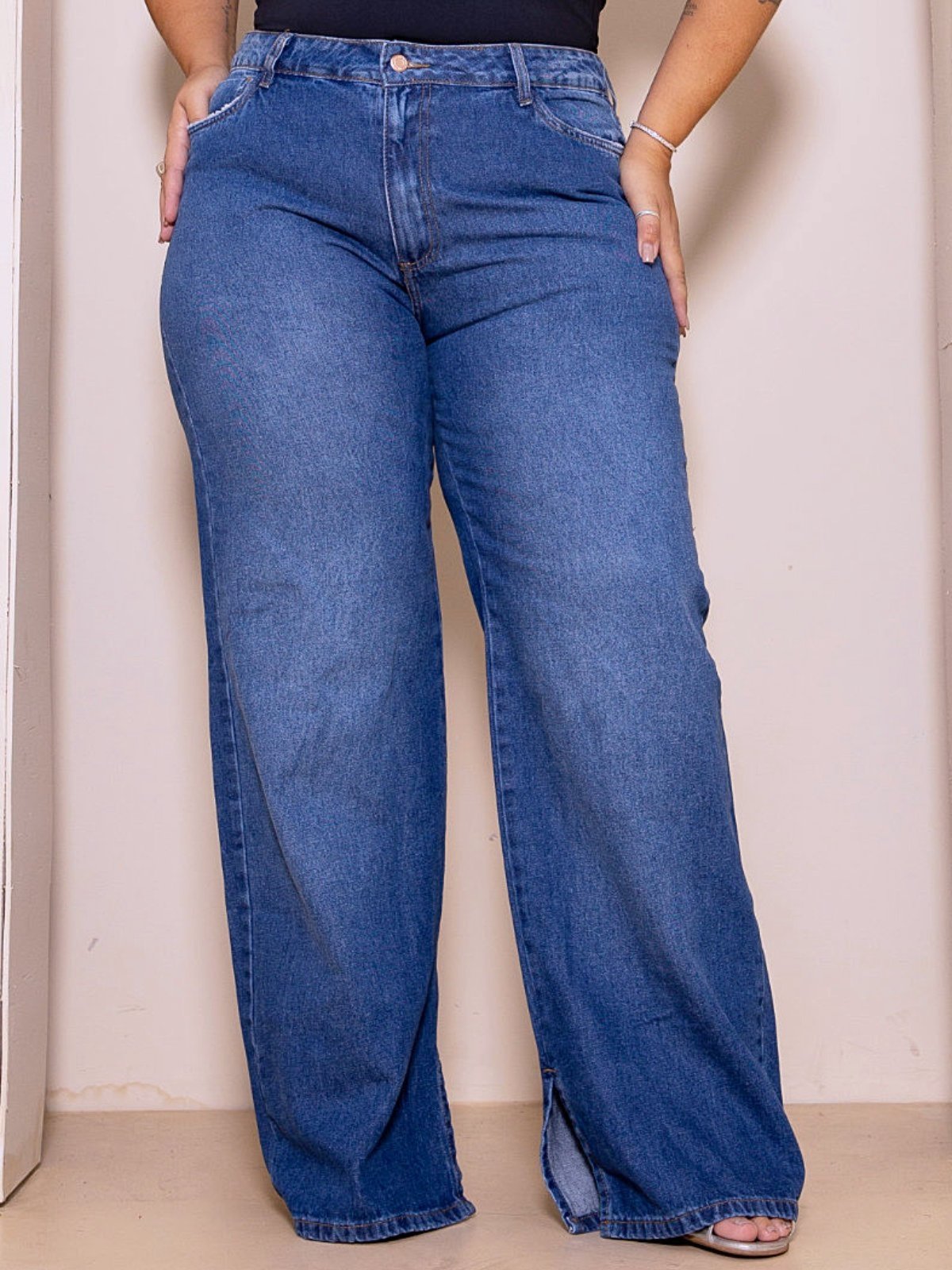 Calça Jeans Plus Size Wide Leg Cintura Alta Azul
