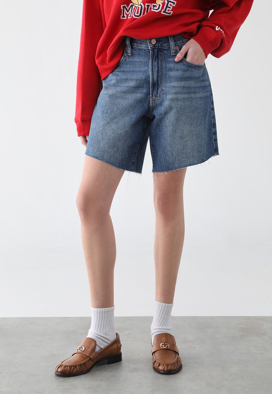 Shorts Feminino GAP Jeans Barra Desfiada Azul