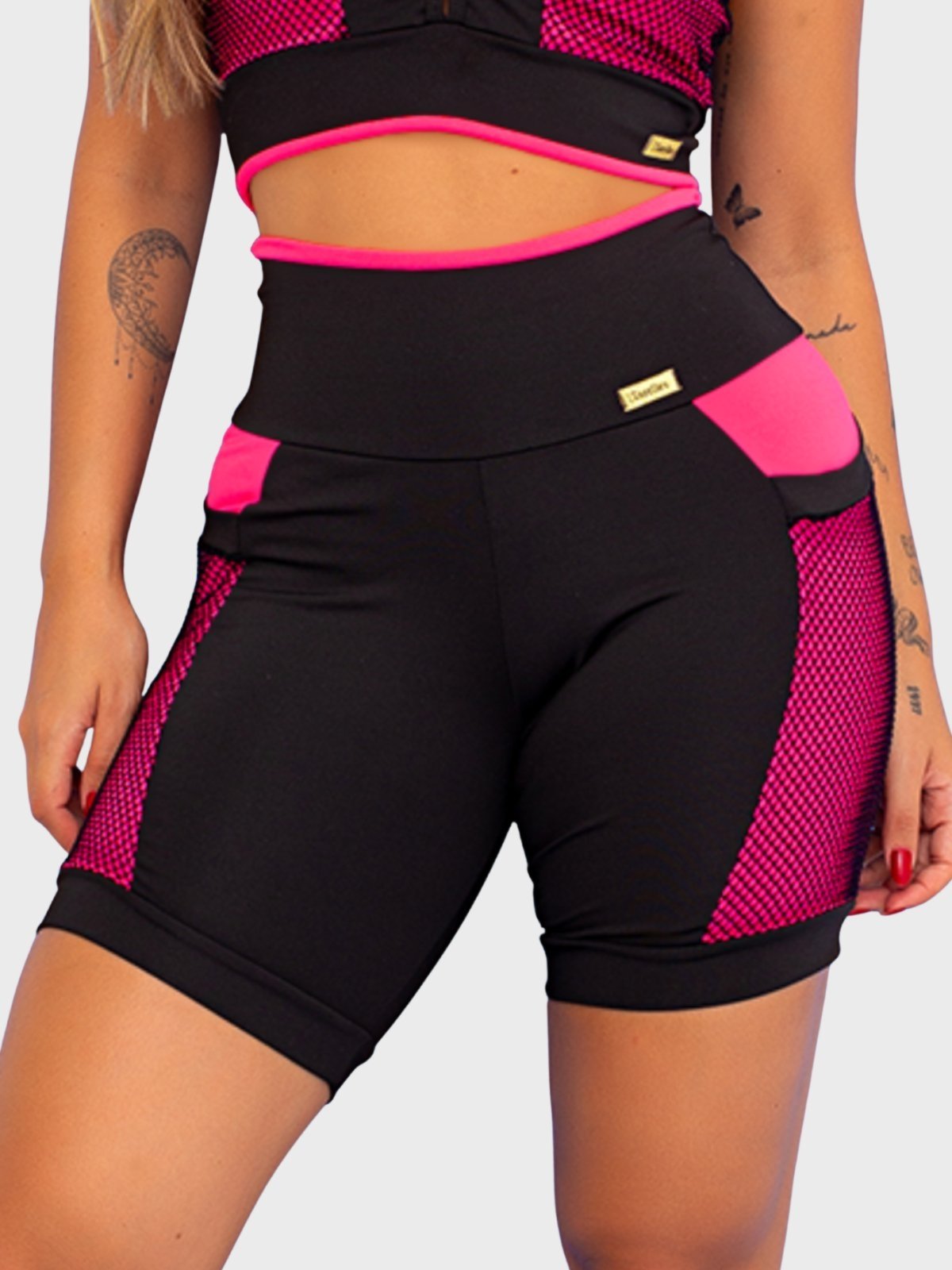 Short Fitness Tarelles Cintura Alta Bolso Tela Preto e Rosa Neon