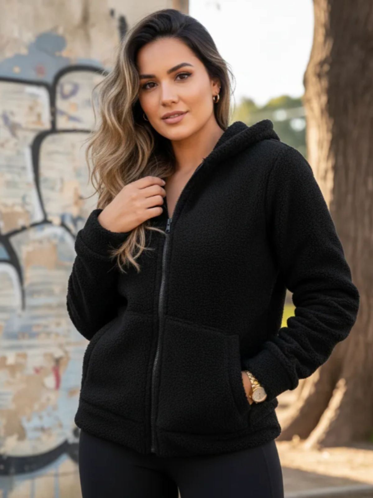 Casaco Feminino de Frio Peluciado com Bolsos Preto
